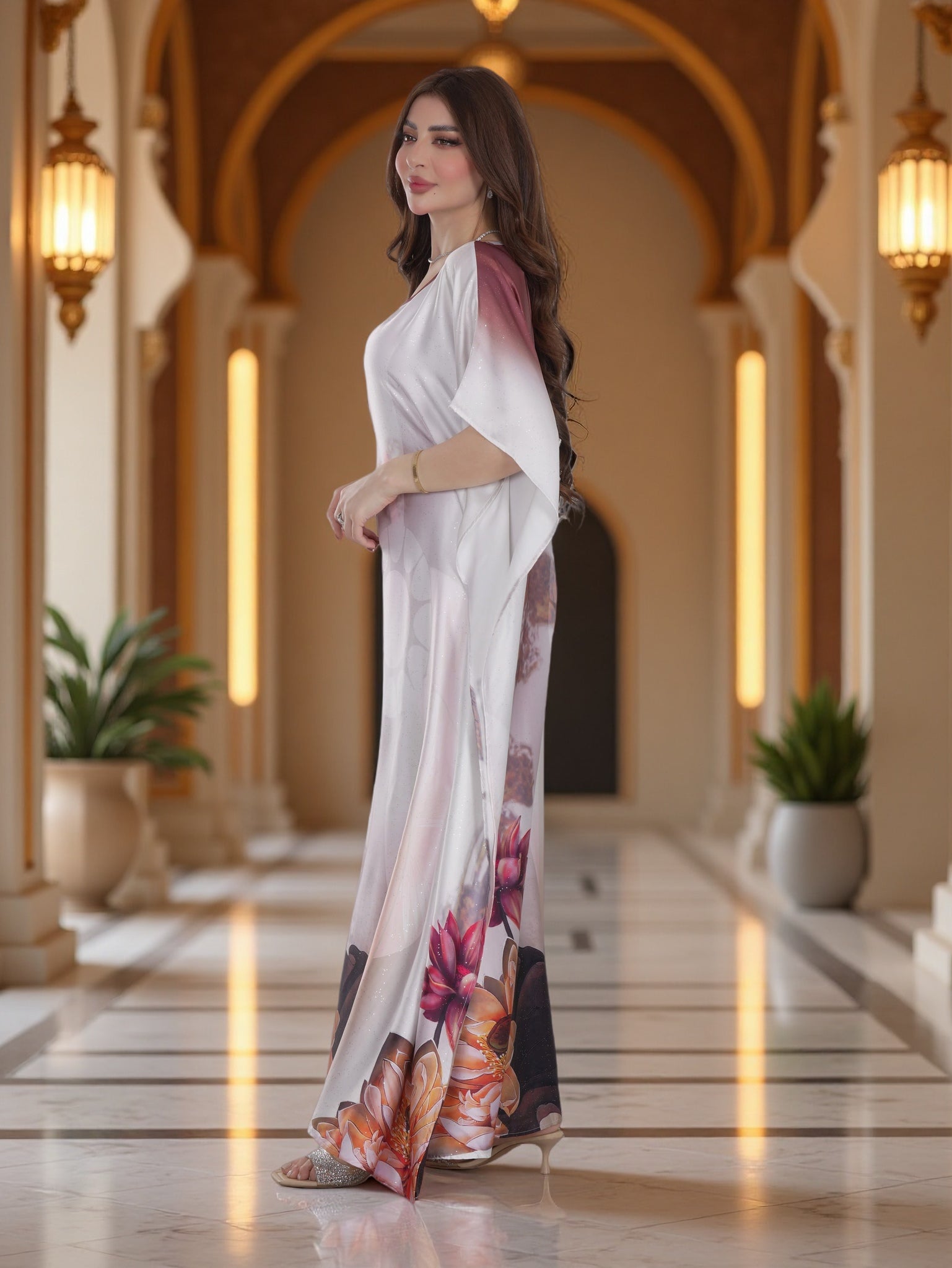 Ivory Floral Printed Kaftan Dress with Flowing Silhouette – Modest Elegant Wear