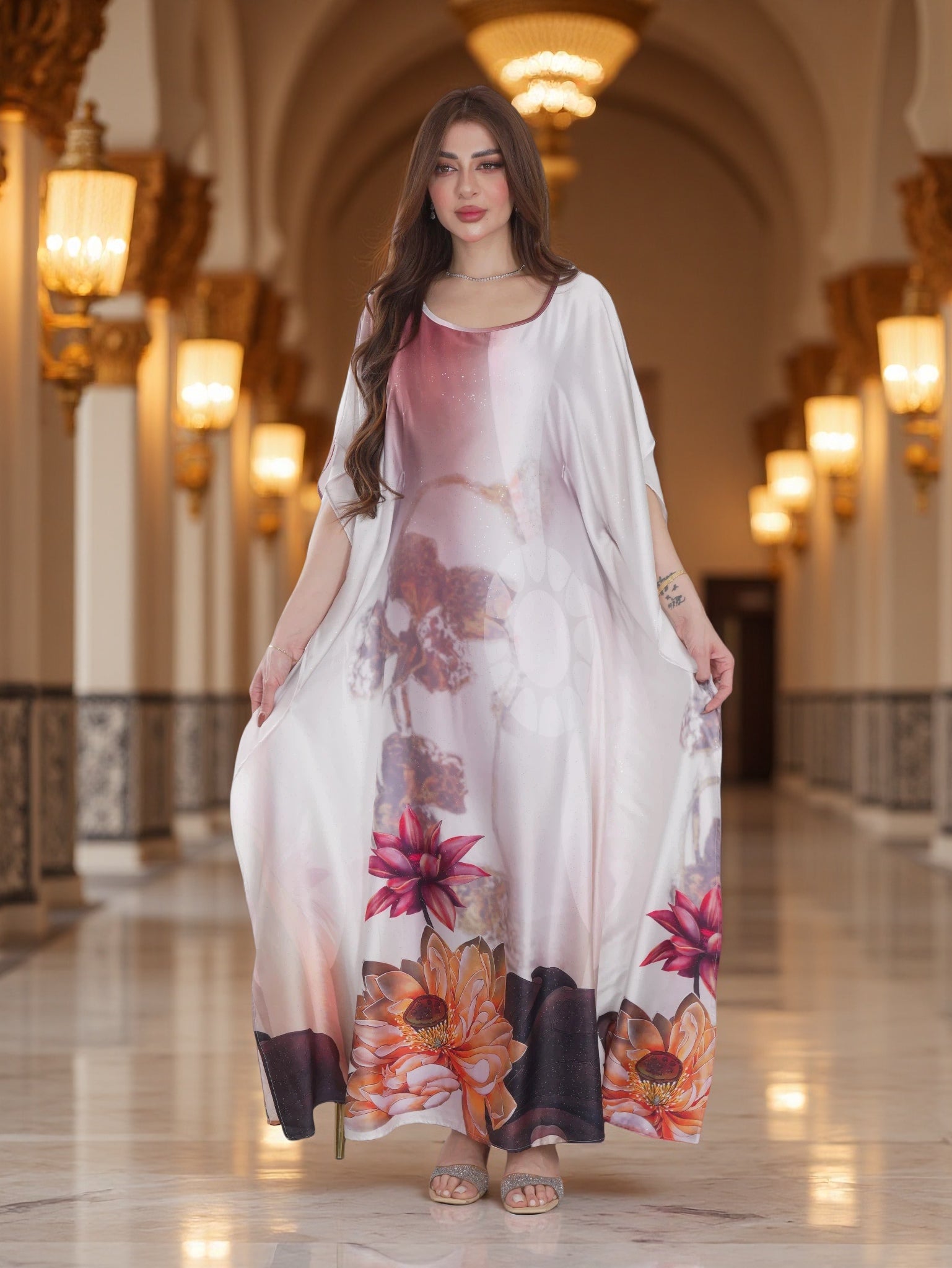 Ivory Floral Printed Kaftan Dress with Flowing Silhouette – Modest Elegant Wear