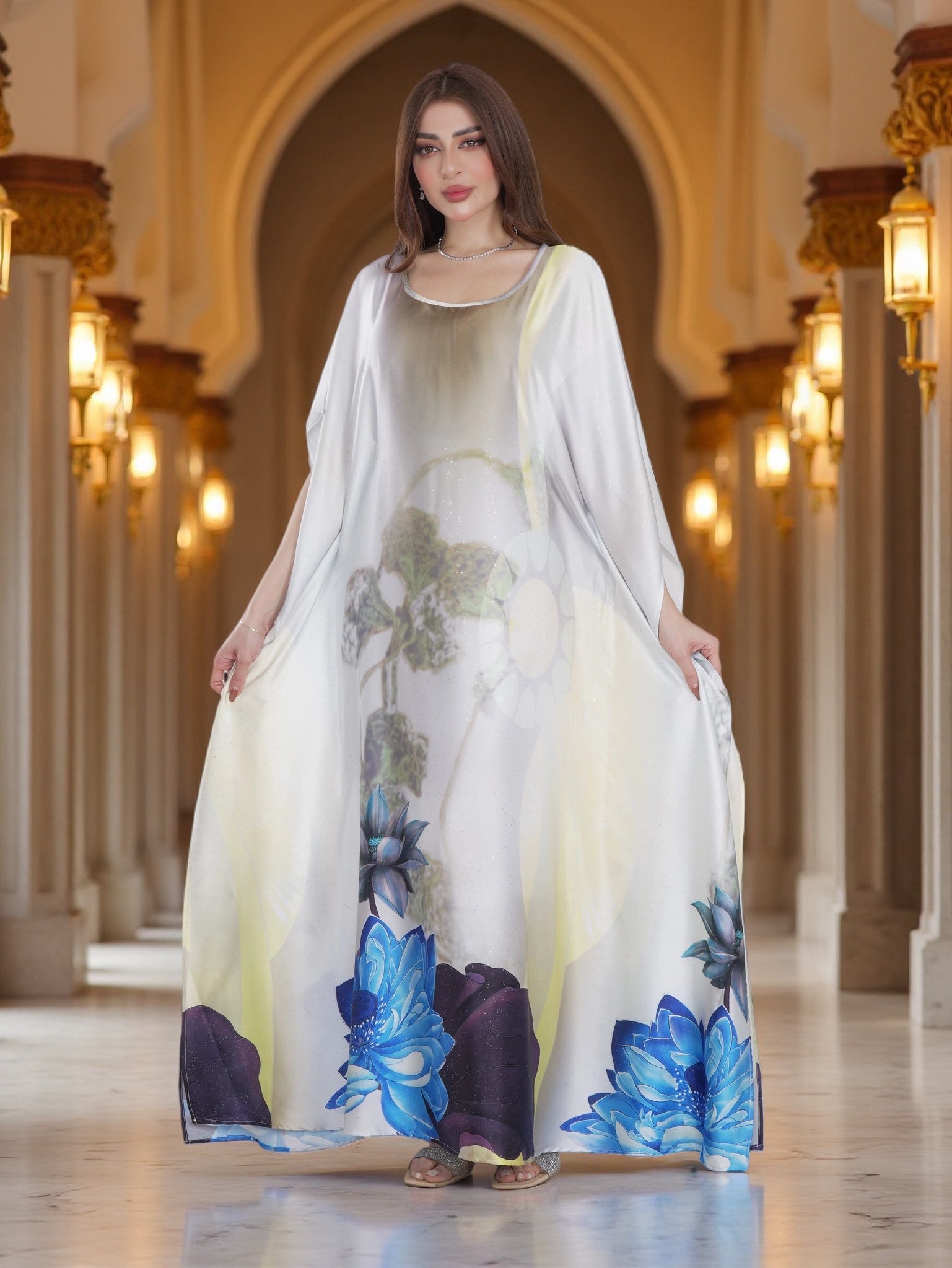Ivory Floral Printed Kaftan Dress with Blue Flower Design – Modest Elegant Wear