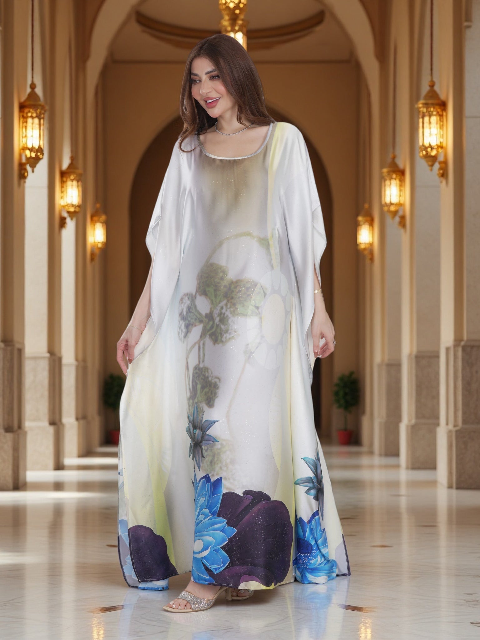 Ivory Floral Printed Kaftan Dress with Blue Flower Design – Modest Elegant Wear