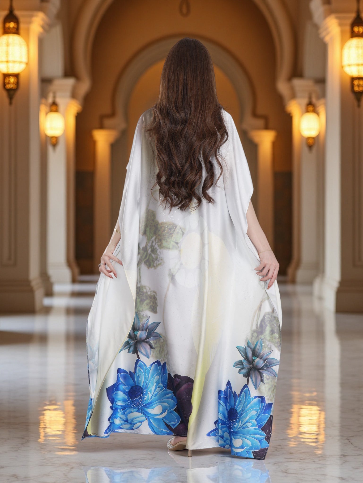 Ivory Floral Printed Kaftan Dress with Blue Flower Design – Modest Elegant Wear