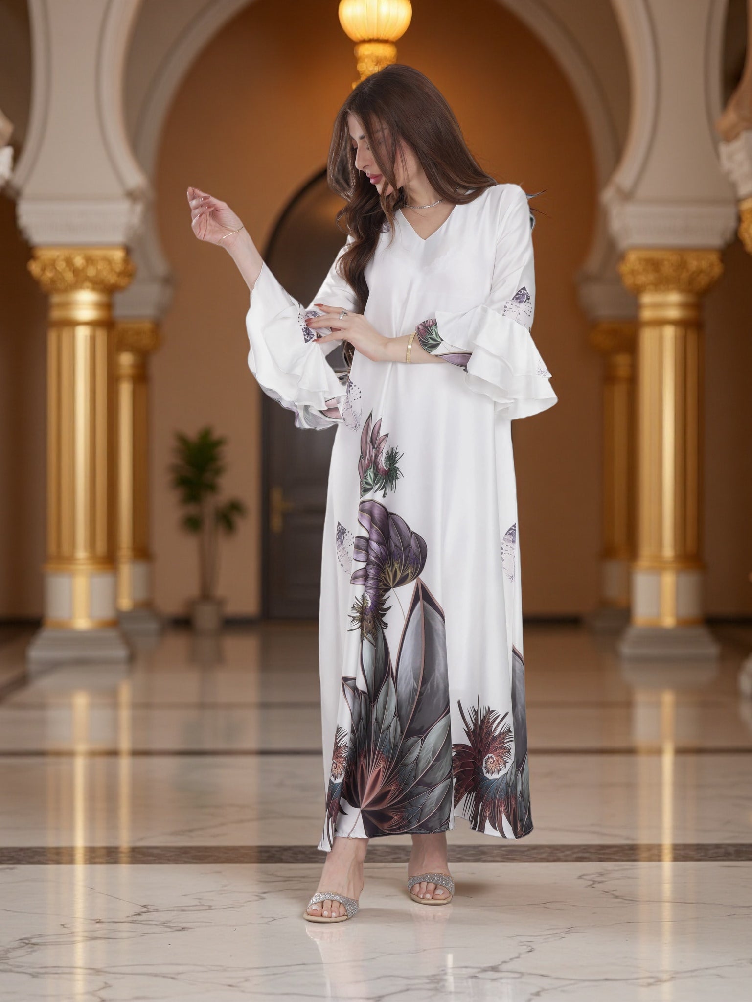 Ivory Floral Printed Modest Dress with Flared Sleeves – Elegant Everyday Wear