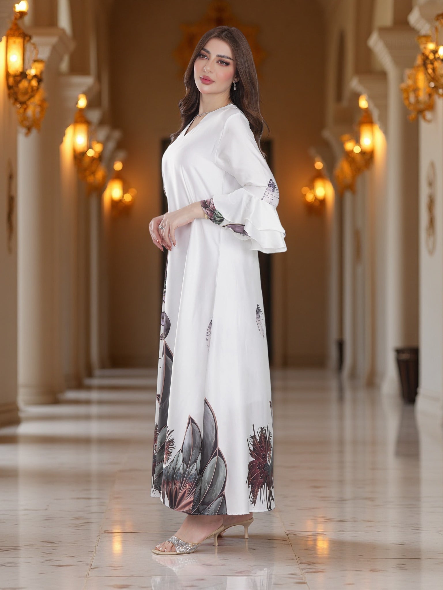 Ivory Floral Printed Modest Dress with Flared Sleeves – Elegant Everyday Wear