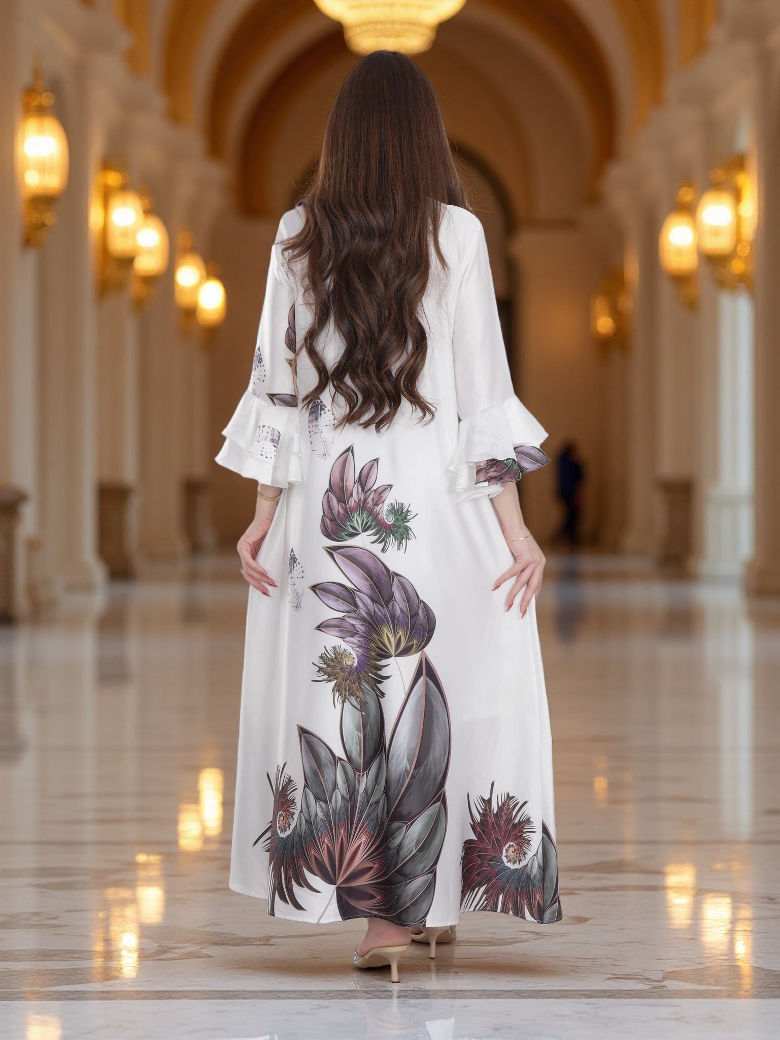 Ivory Floral Printed Modest Dress with Flared Sleeves – Elegant Everyday Wear