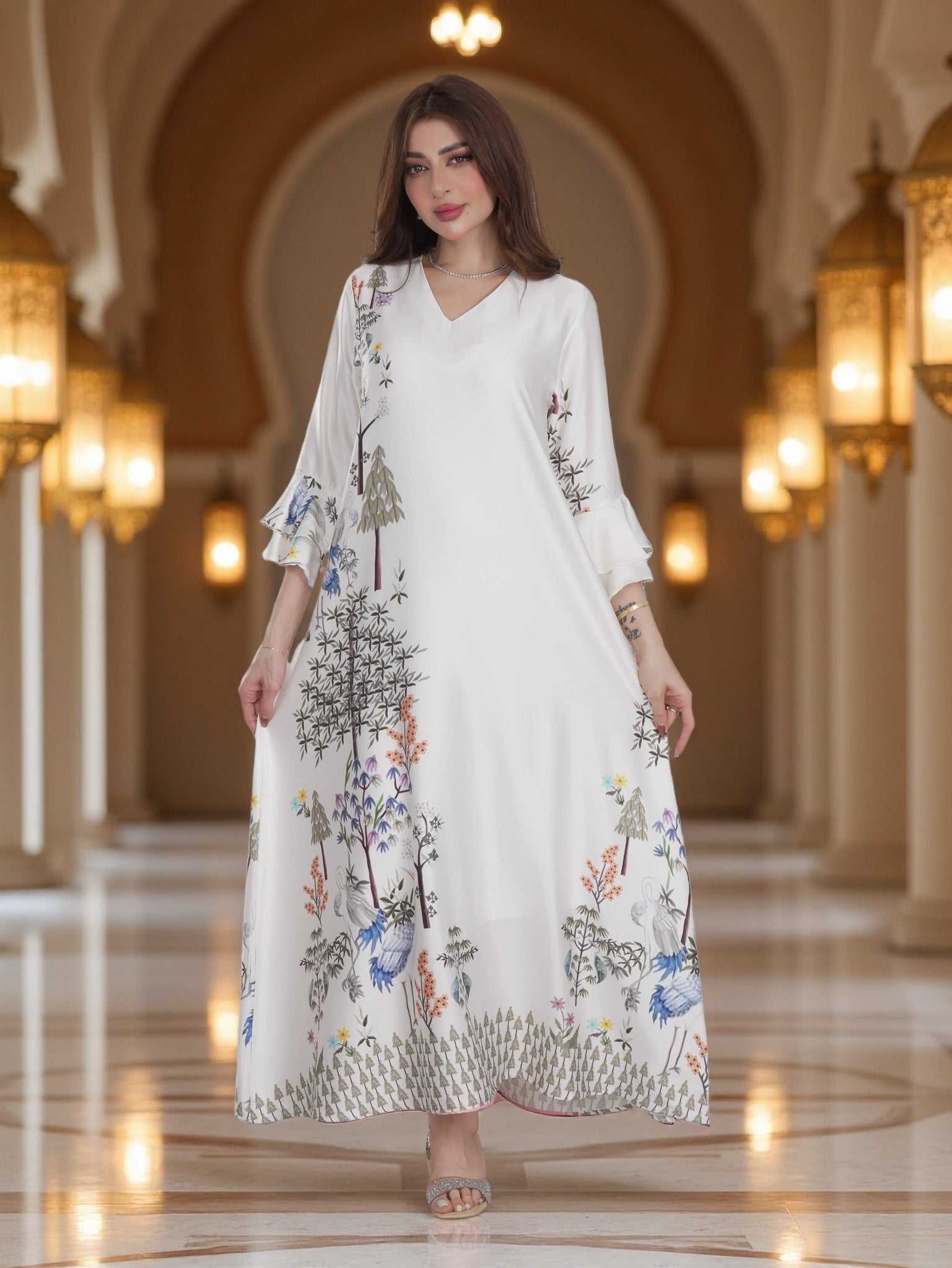 Ivory Botanical Printed Modest Dress with Flared Sleeves – Elegant Eve – FineLook