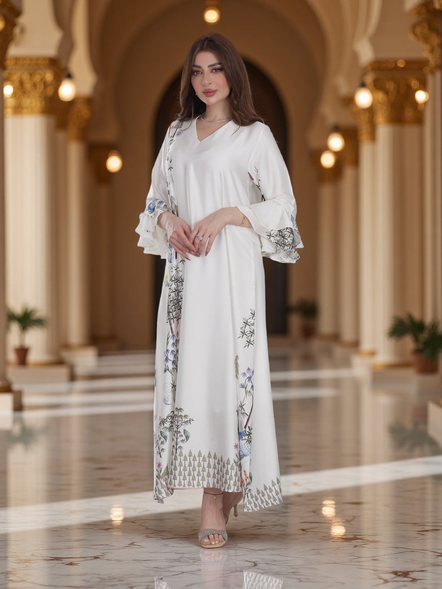 Ivory Botanical Printed Modest Dress with Flared Sleeves – Elegant Everyday Wear