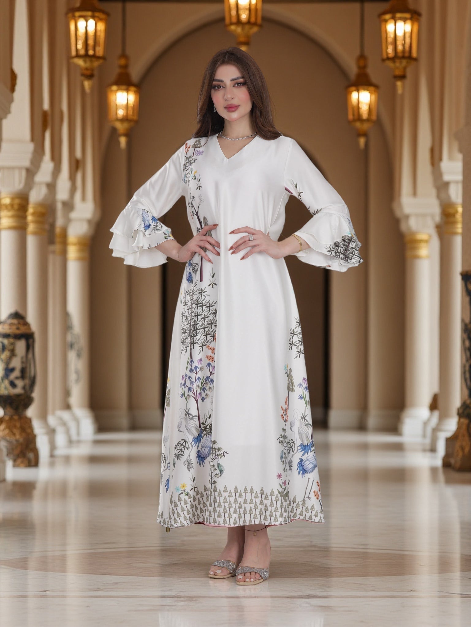 Ivory Botanical Printed Modest Dress with Flared Sleeves Elegant Eve FineLook Ivory Botanical Printed Modest Dress with Flared Sleeves Elegant Eve FineLook