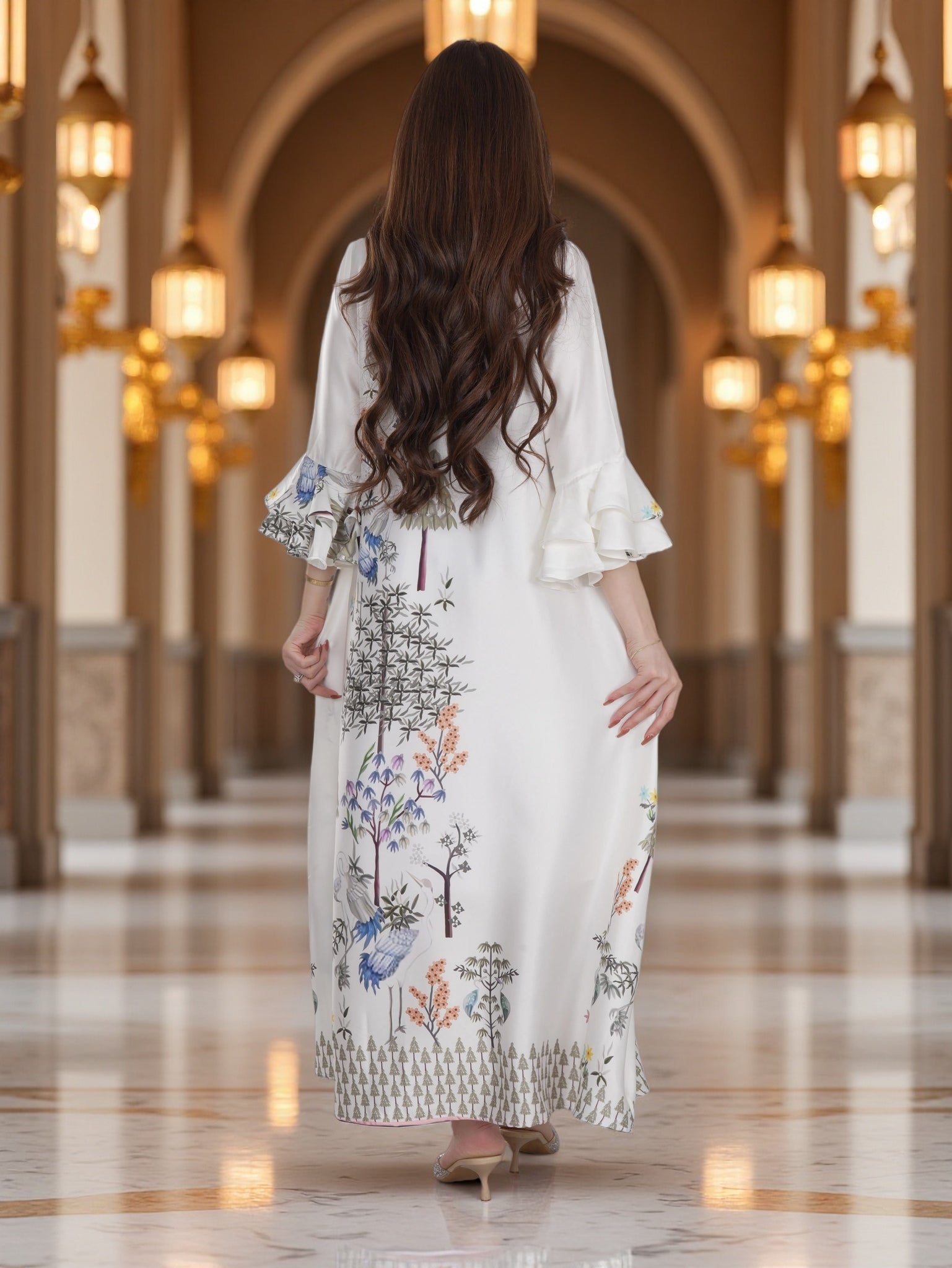 Ivory Botanical Printed Modest Dress with Flared Sleeves – Elegant Everyday Wear