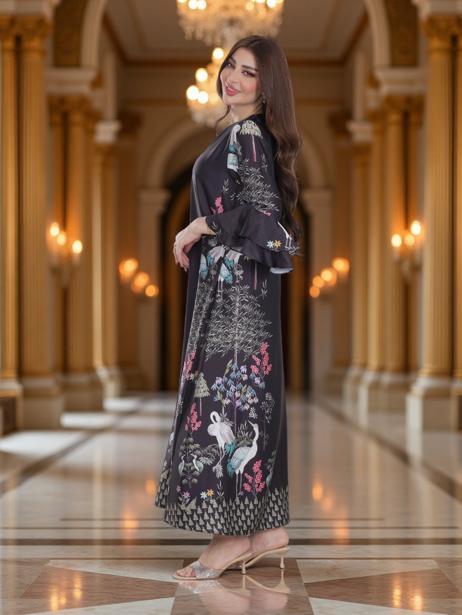 Elegant Black Botanical Printed Modest Dress with Flared Sleeves – Everyday Luxury Wear
