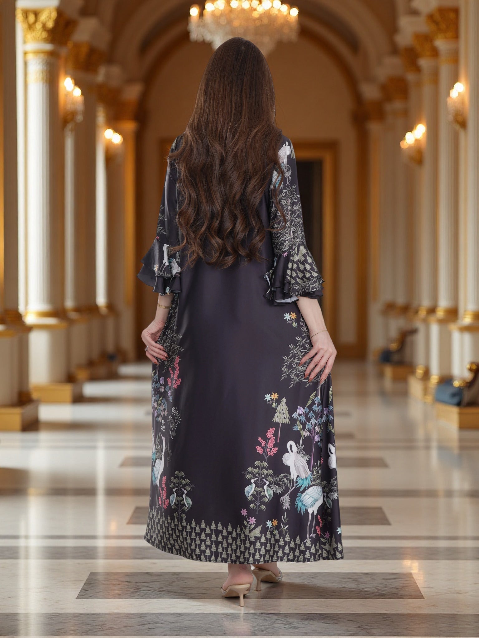 Elegant Black Botanical Printed Modest Dress with Flared Sleeves – Everyday Luxury Wear