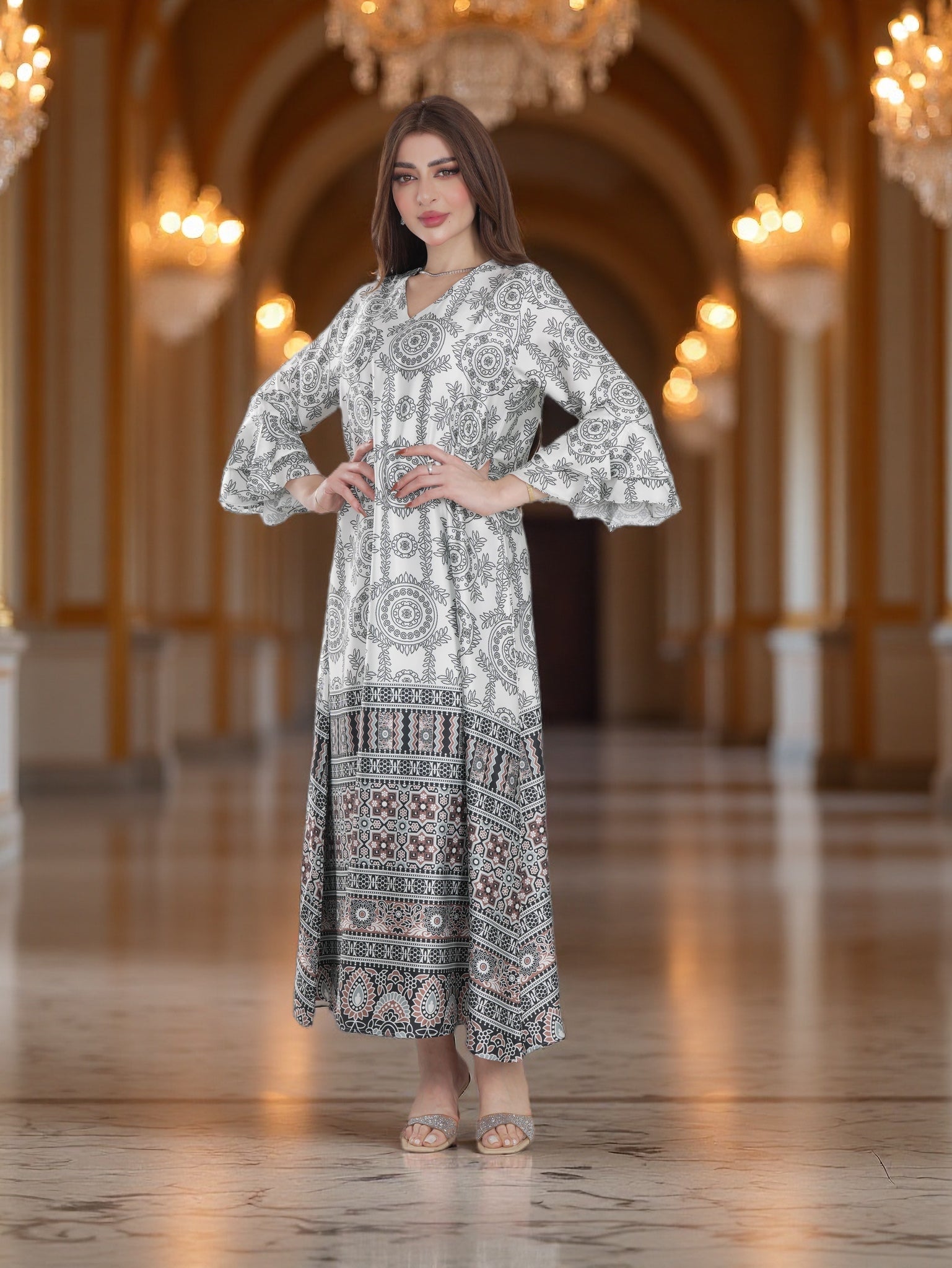 Ethnic Printed Modest Dress with Contrast Flared Sleeves – Elegant Daily Wear