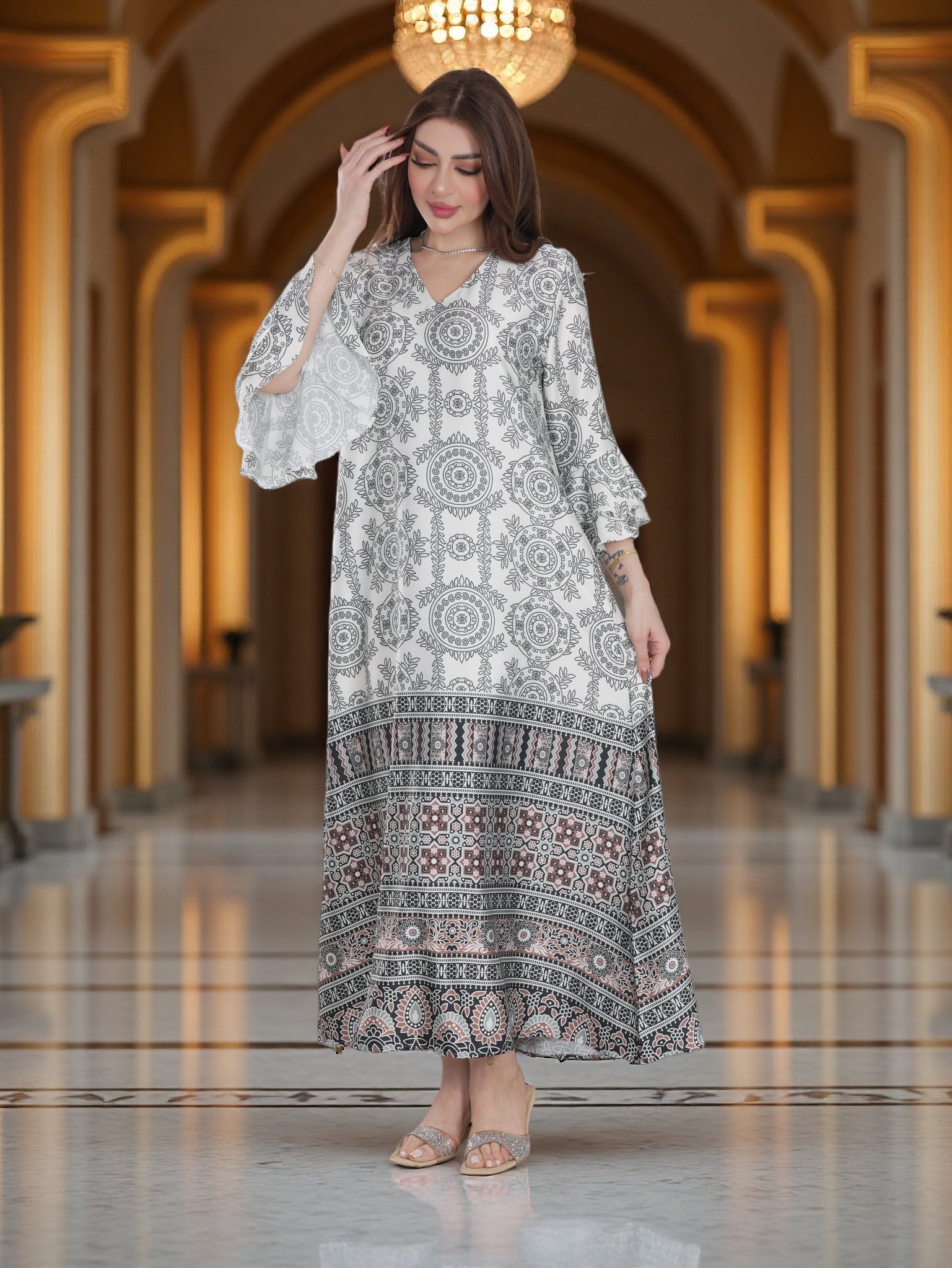 Ethnic Printed Modest Dress with Contrast Flared Sleeves – Elegant Daily Wear