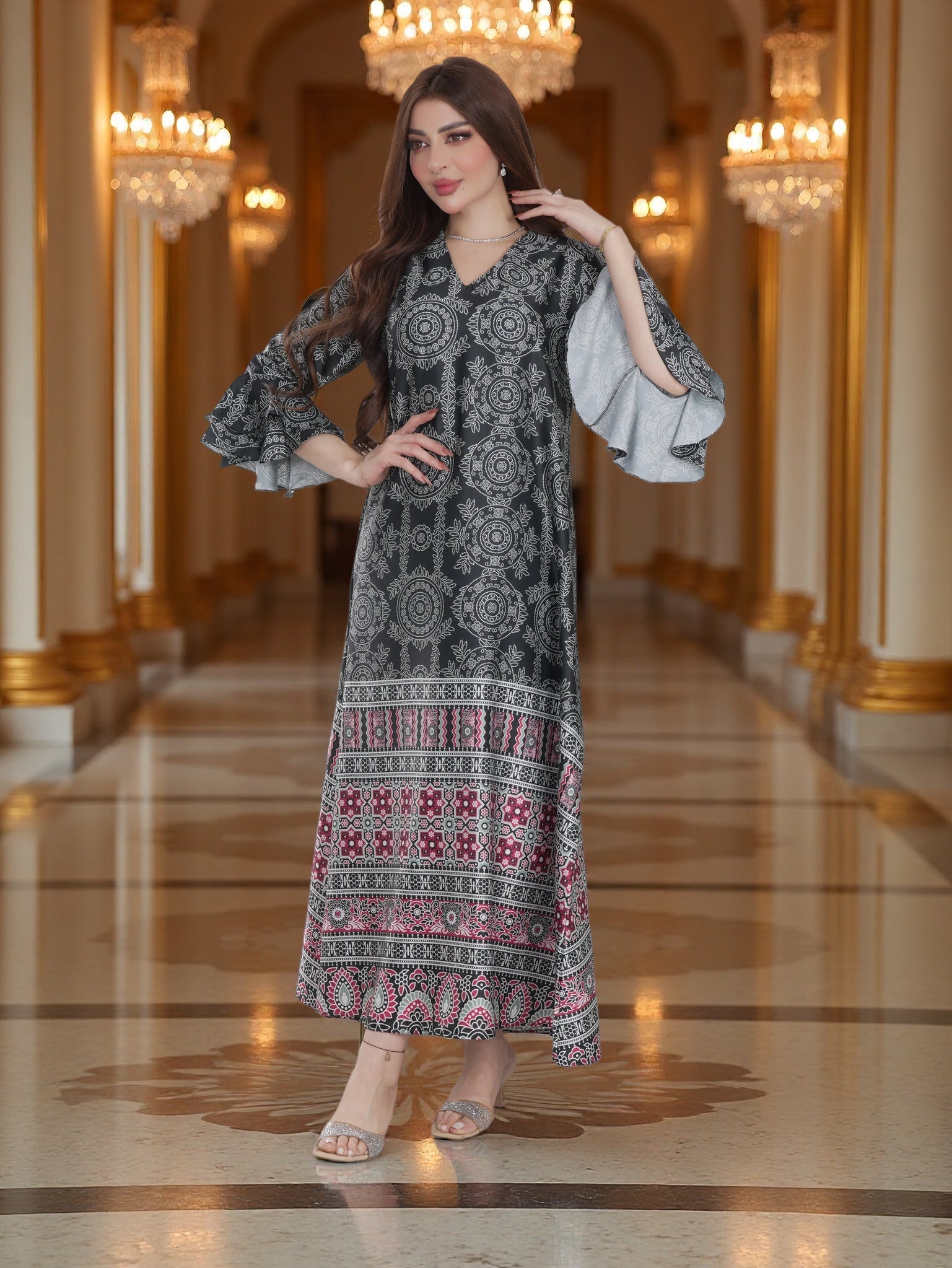 Ethnic Printed Modest Dress with Contrast Flared Sleeves – Elegant Daily Wear