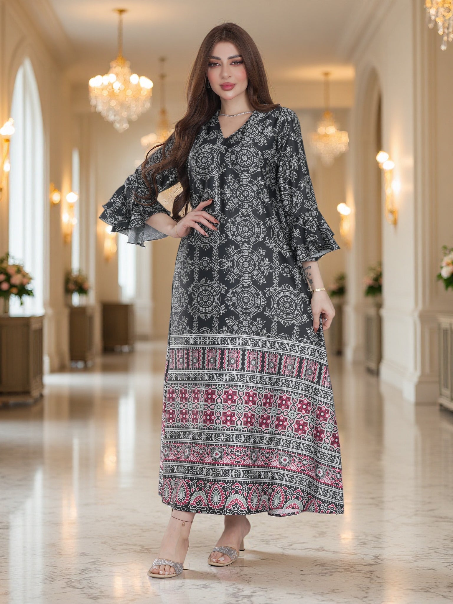 Ethnic Printed Modest Dress with Contrast Flared Sleeves – Elegant Daily Wear