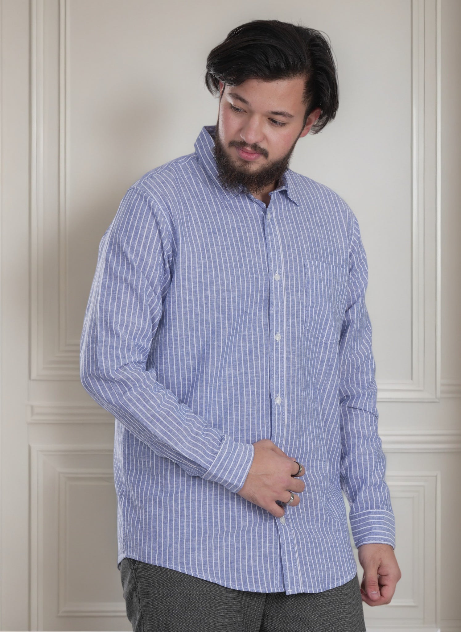 Men's Casual Stripe Long Sleeve Shirt - Relaxed Fit