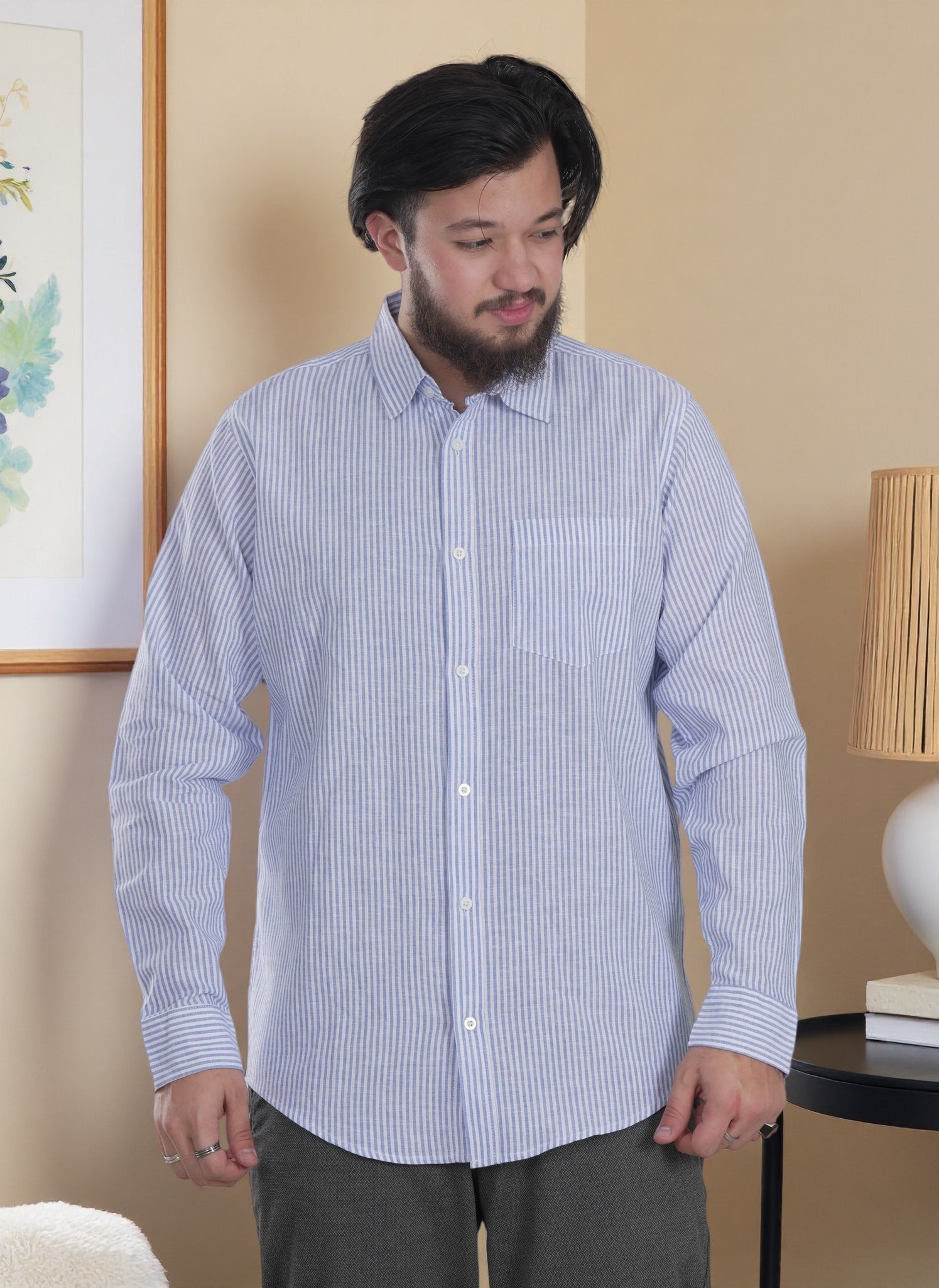 Men's Casual Stripe Long Sleeve Shirt - Relaxed Fit