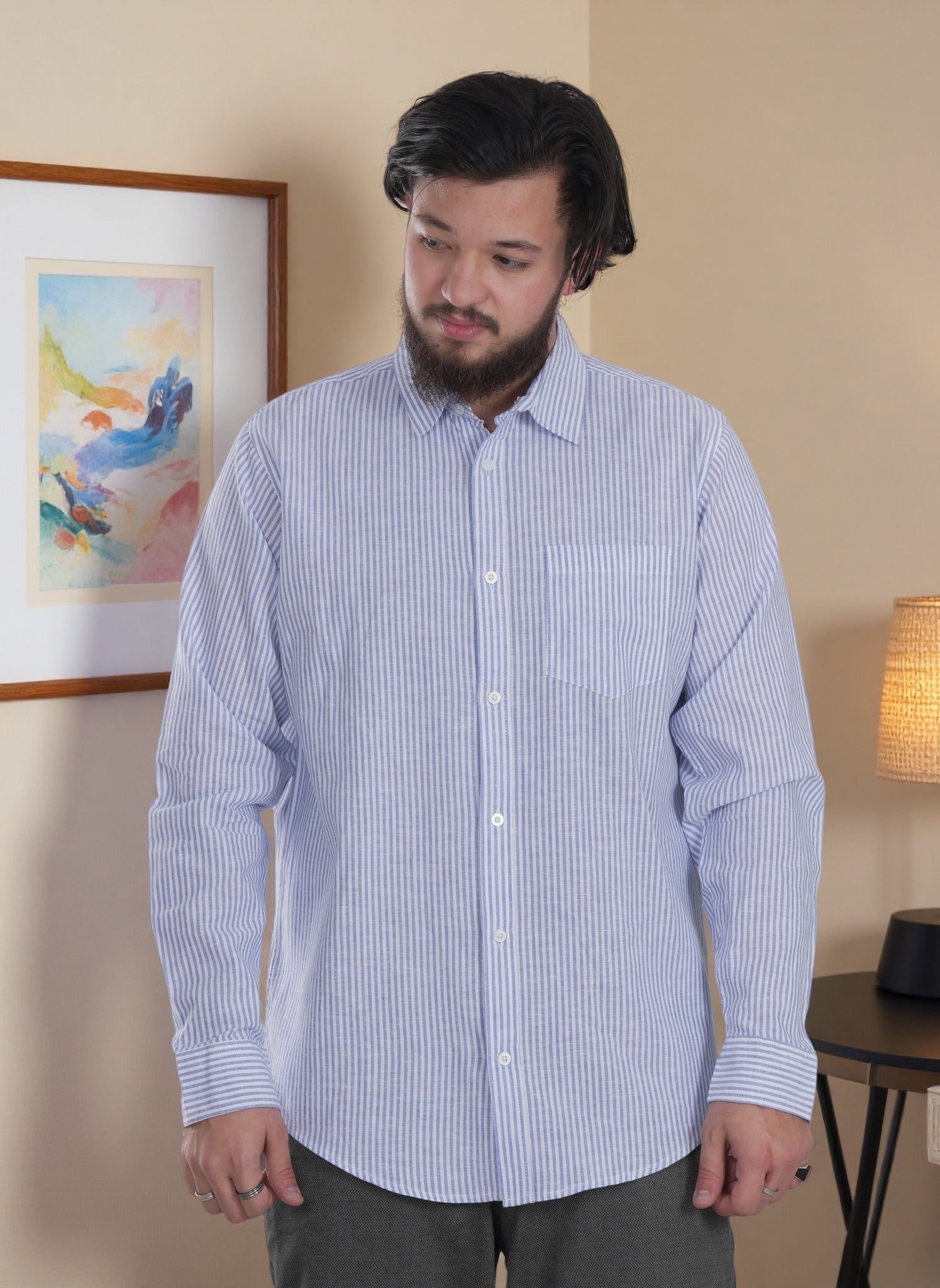 Men's Casual Stripe Long Sleeve Shirt - Relaxed Fit