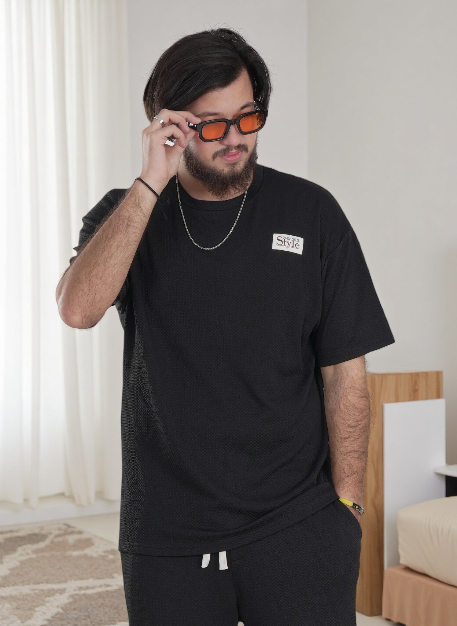 Men's Textured Style Over Size T-Shirt and Shorts Set