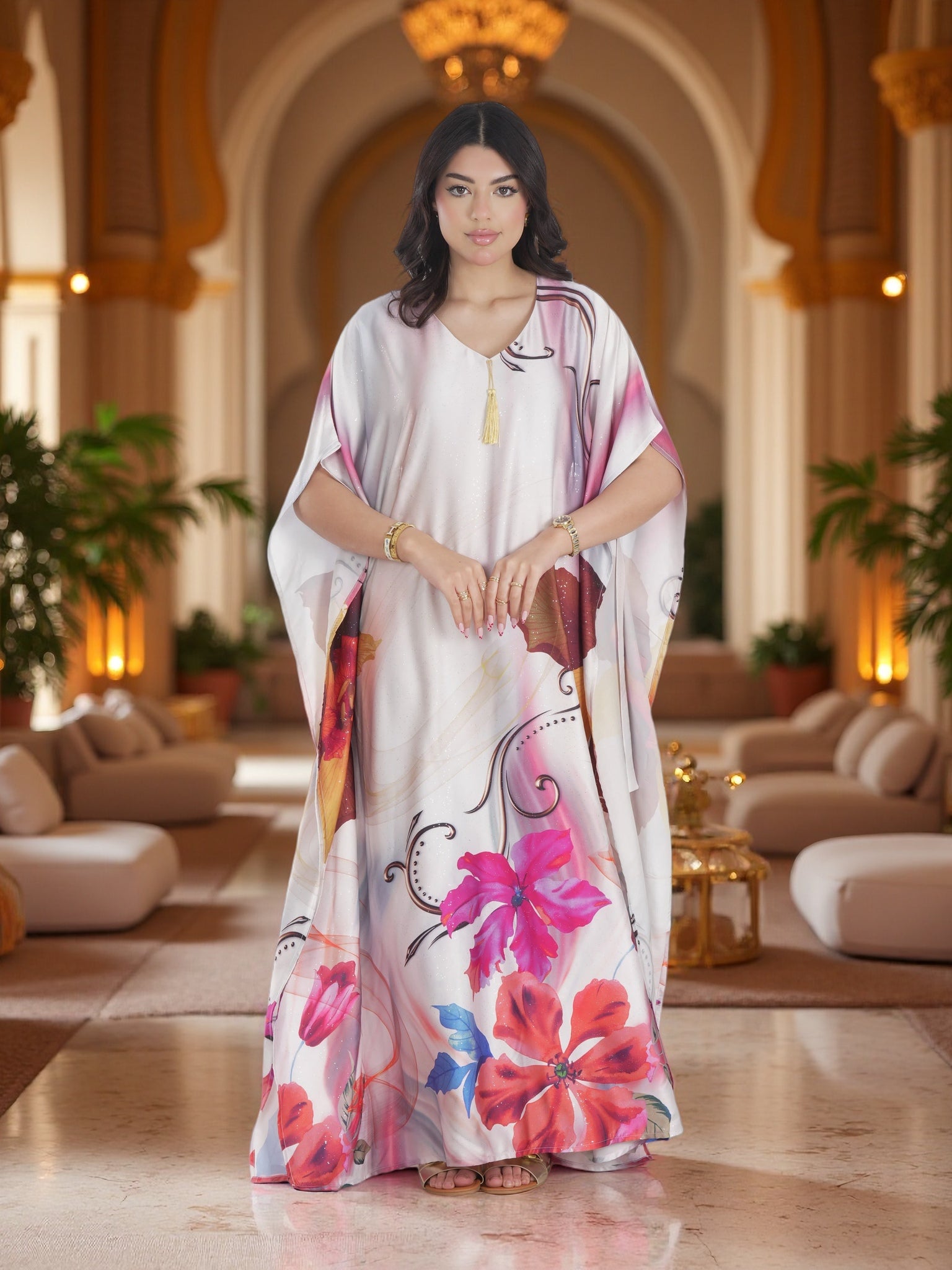 Luxury White Floral Kaftan Maxi Dress – Elegant Modest Ramadan & Eid Occasion Wear