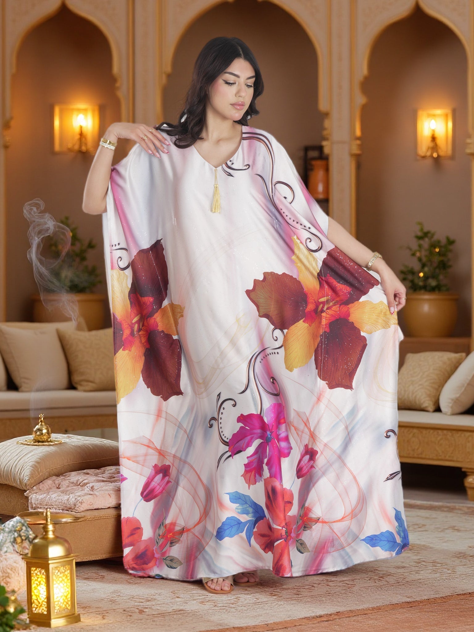 Luxury White Floral Kaftan Maxi Dress – Elegant Modest Ramadan & Eid Occasion Wear
