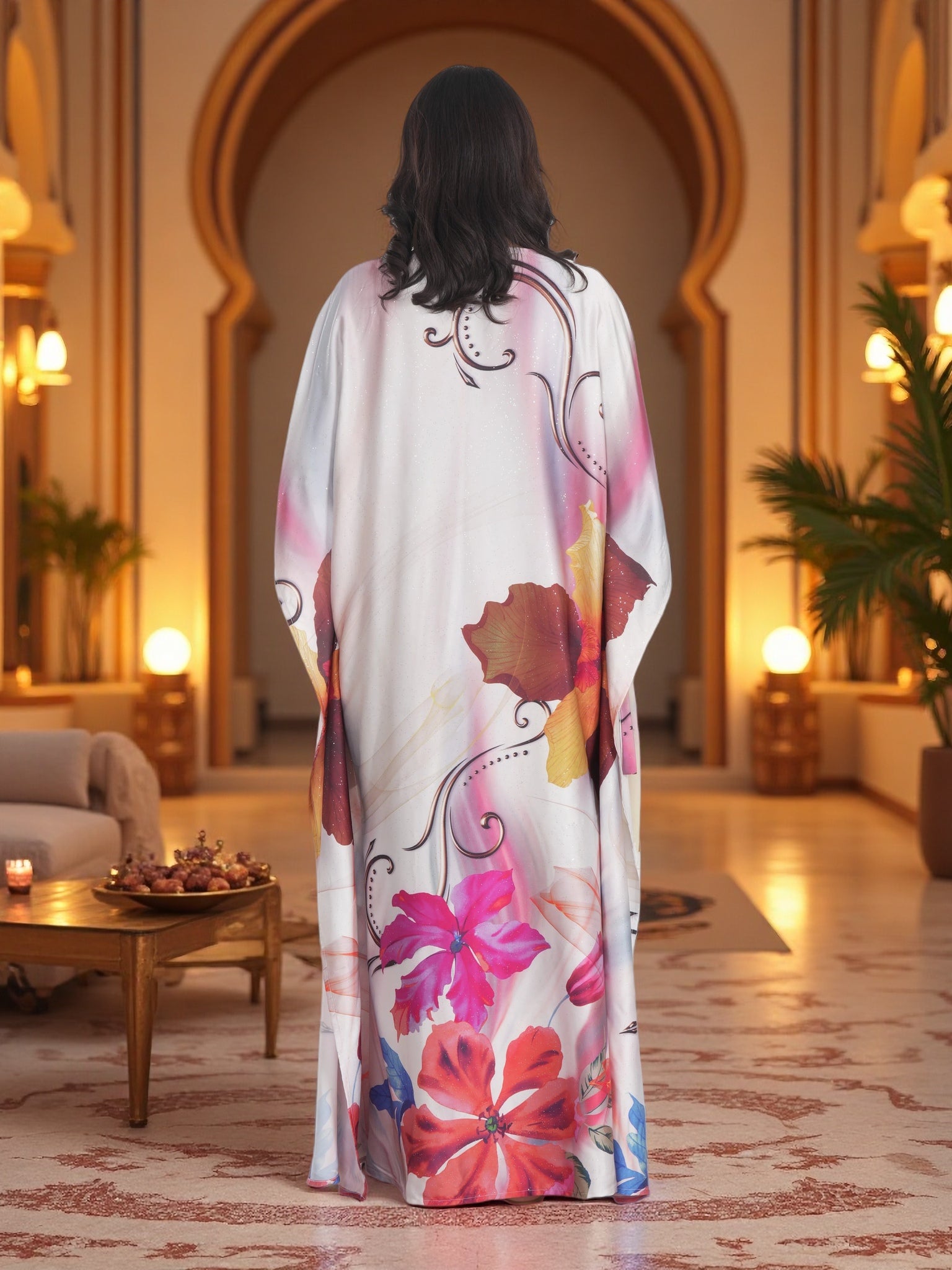 Luxury White Floral Kaftan Maxi Dress – Elegant Modest Ramadan & Eid Occasion Wear