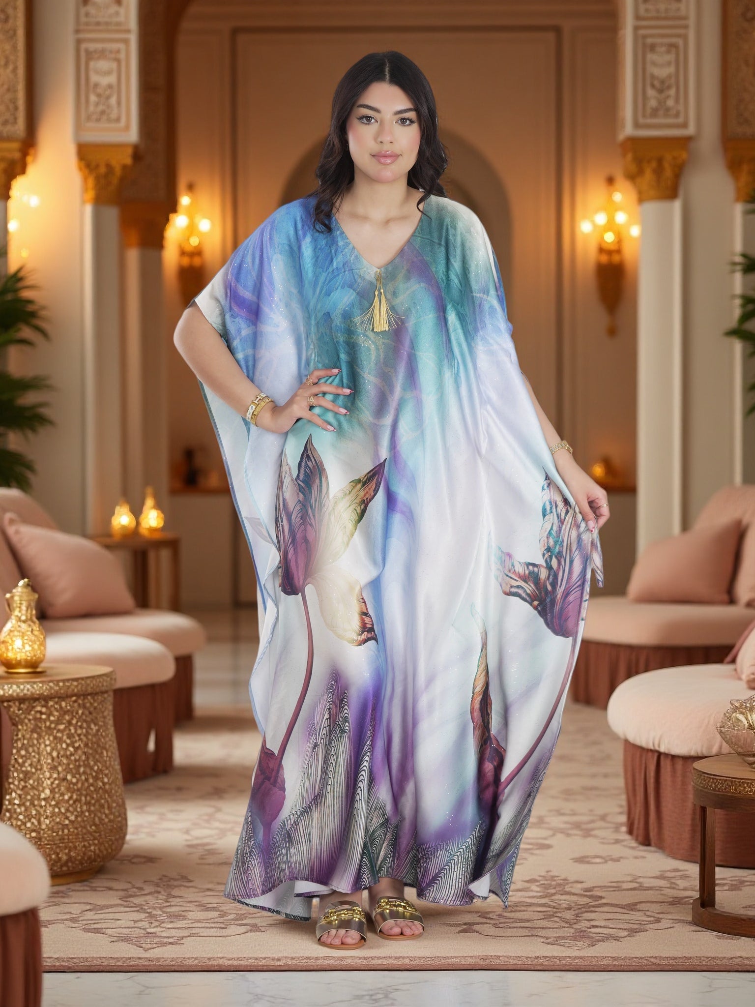 Luxury Pastel Blue Floral Kaftan Maxi Dress – Elegant Modest Ramadan & Eid Wear