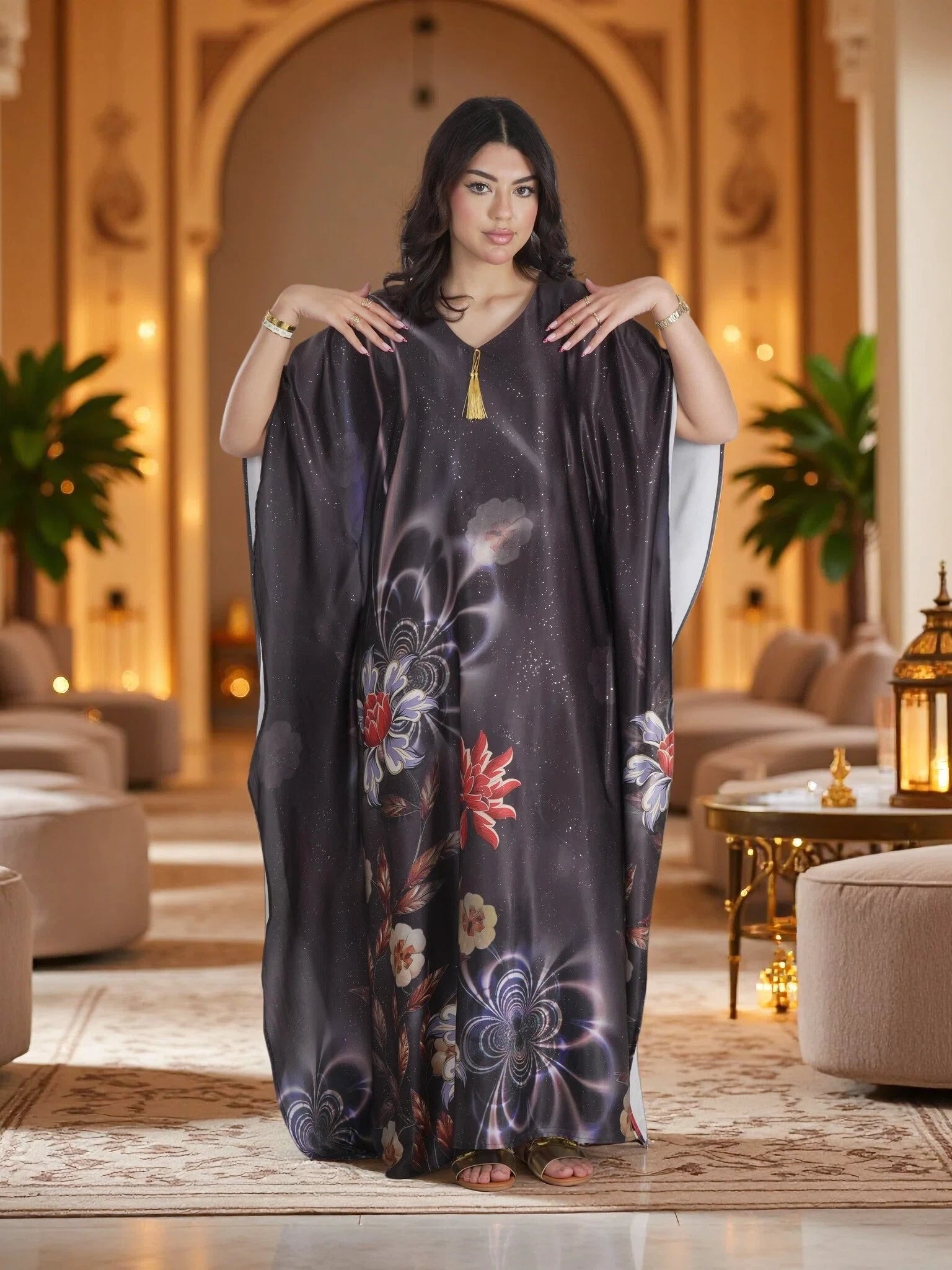 Premium Black Floral Kaftan Maxi Dress – Luxury Modest Evening, Ramadan & Eid Wear