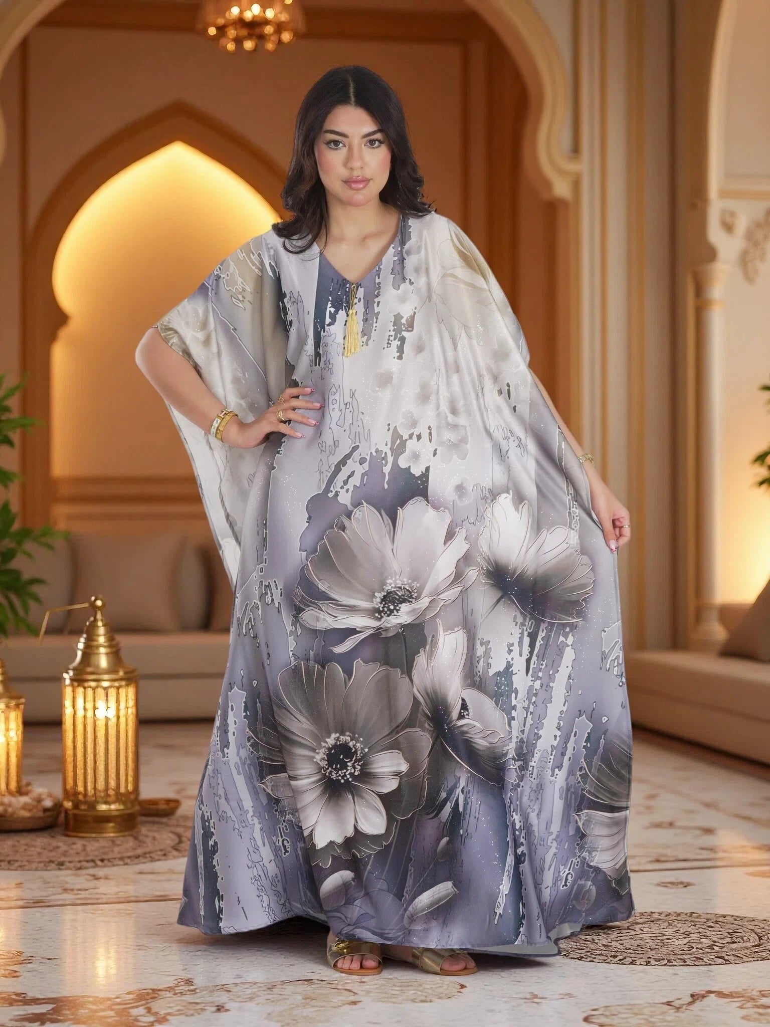 Elegant Grey Floral Kaftan Maxi Dress – Luxury Modest Ramadan, Eid & Evening Wear