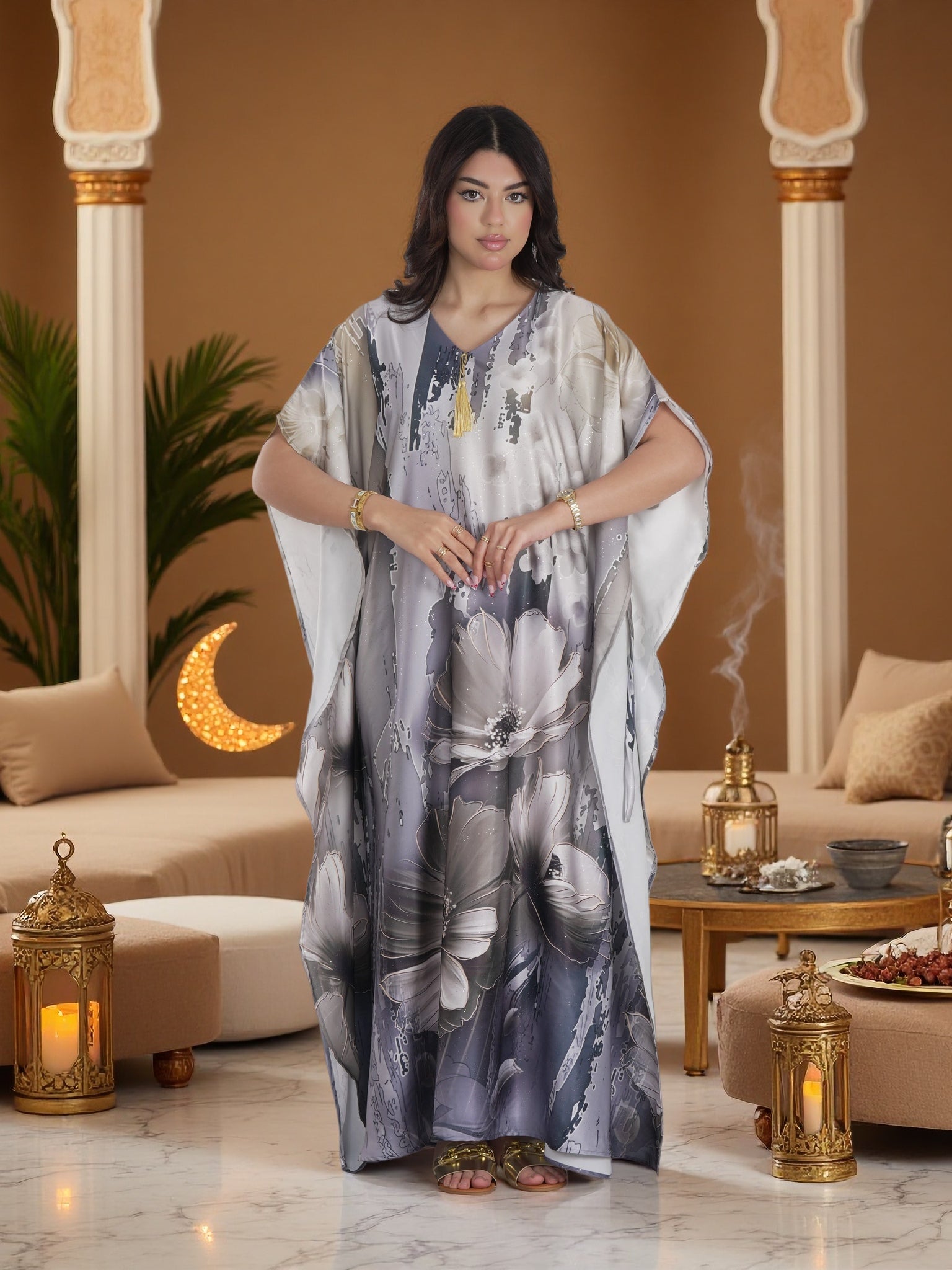 Elegant Grey Floral Kaftan Maxi Dress – Luxury Modest Ramadan, Eid & Evening Wear
