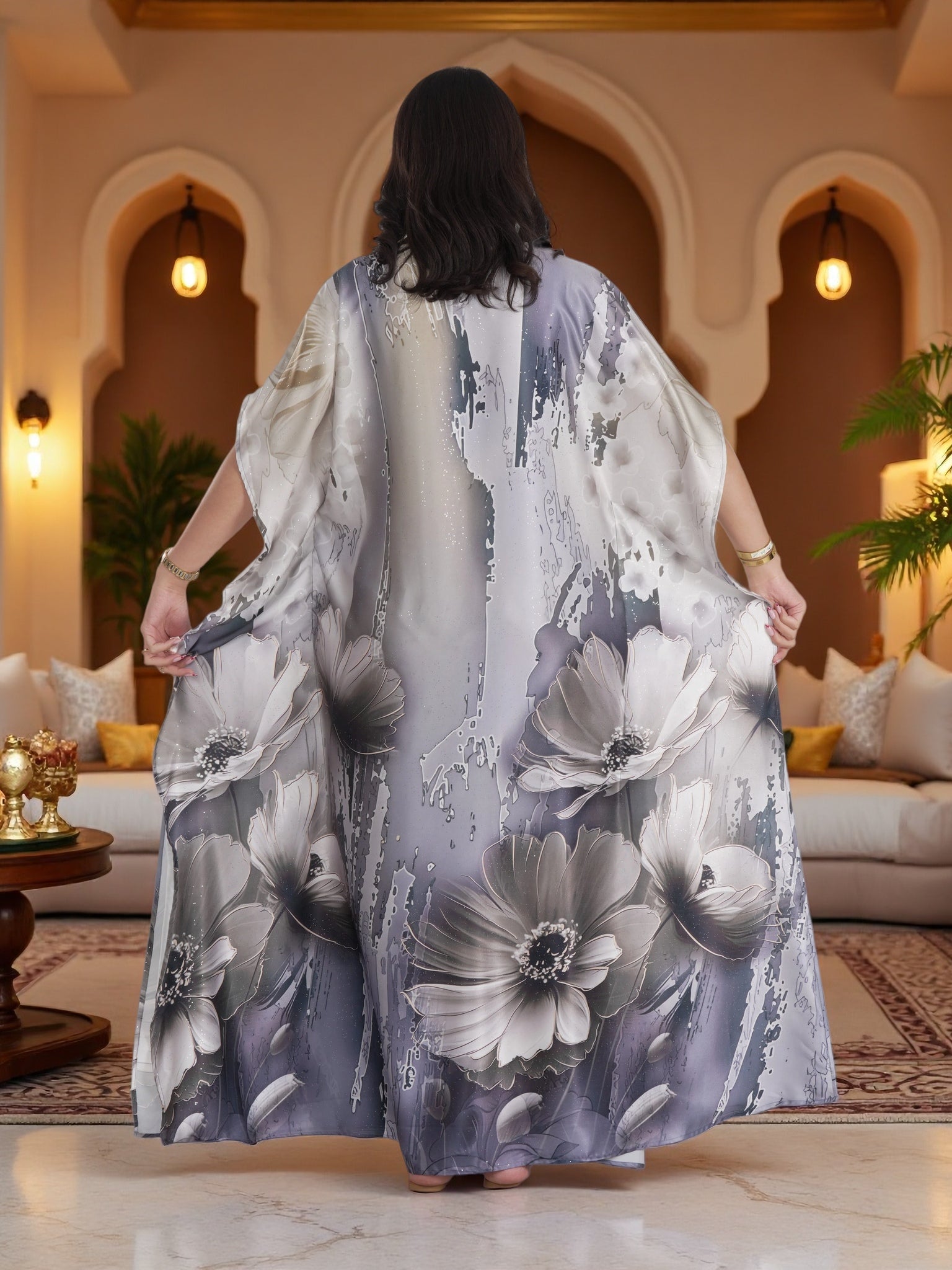 Elegant Grey Floral Kaftan Maxi Dress – Luxury Modest Ramadan, Eid & Evening Wear