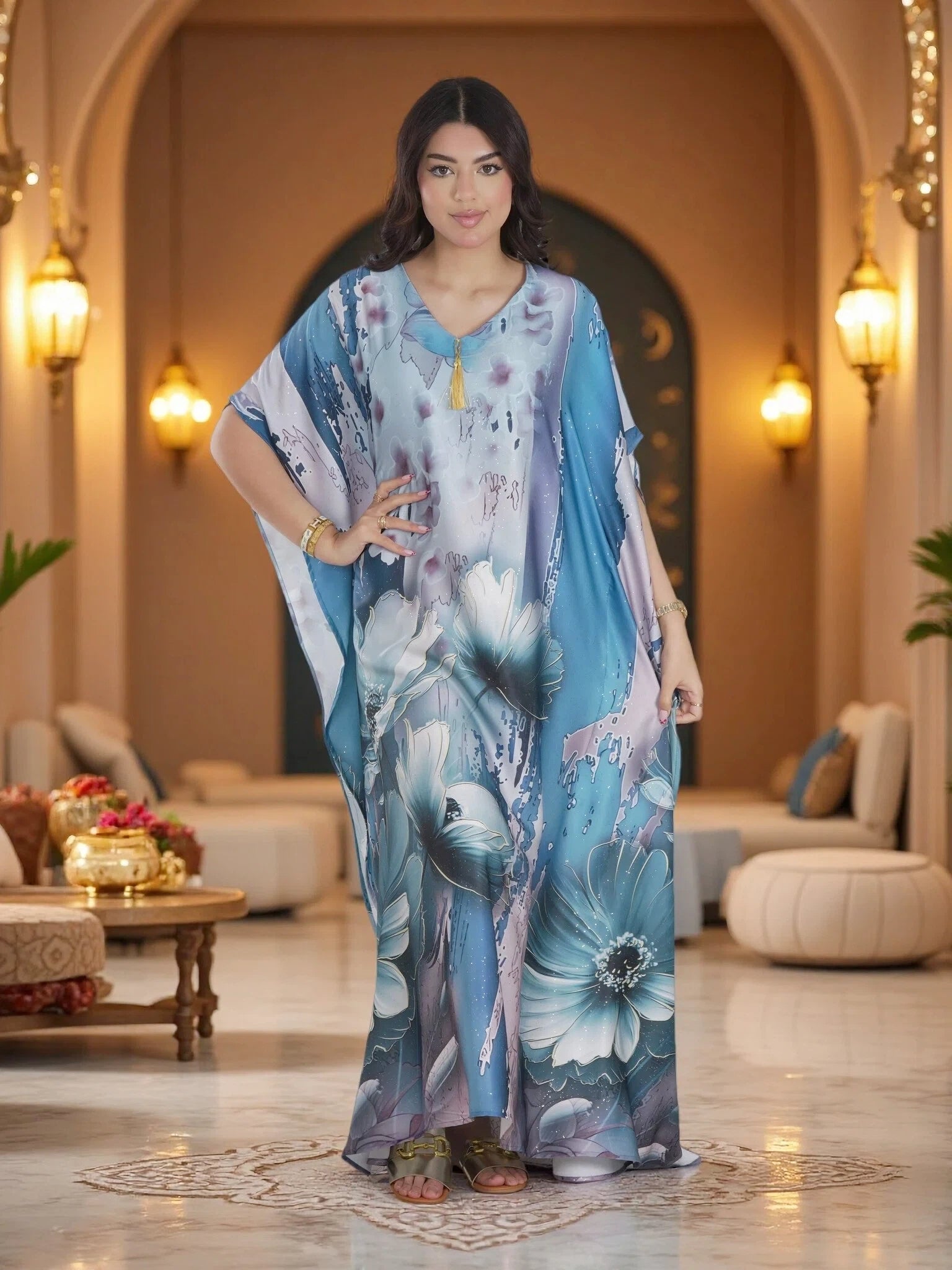 Luxury Blue Floral Kaftan Maxi Dress – Elegant Modest Ramadan & Eid Wear