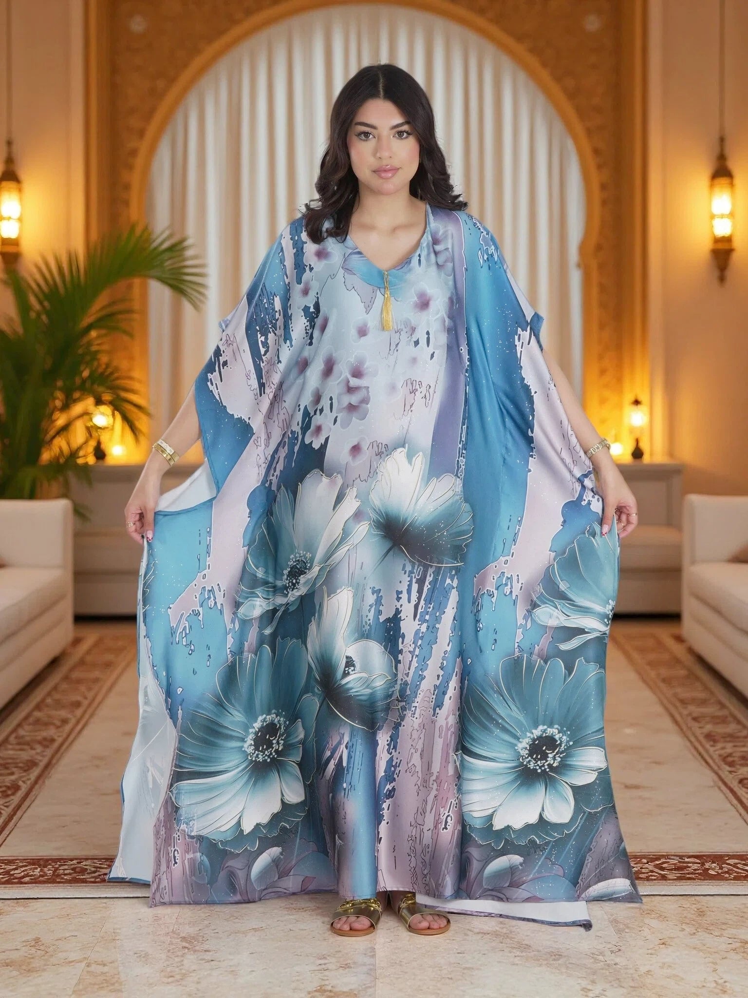 Luxury Blue Floral Kaftan Maxi Dress – Elegant Modest Ramadan & Eid Wear