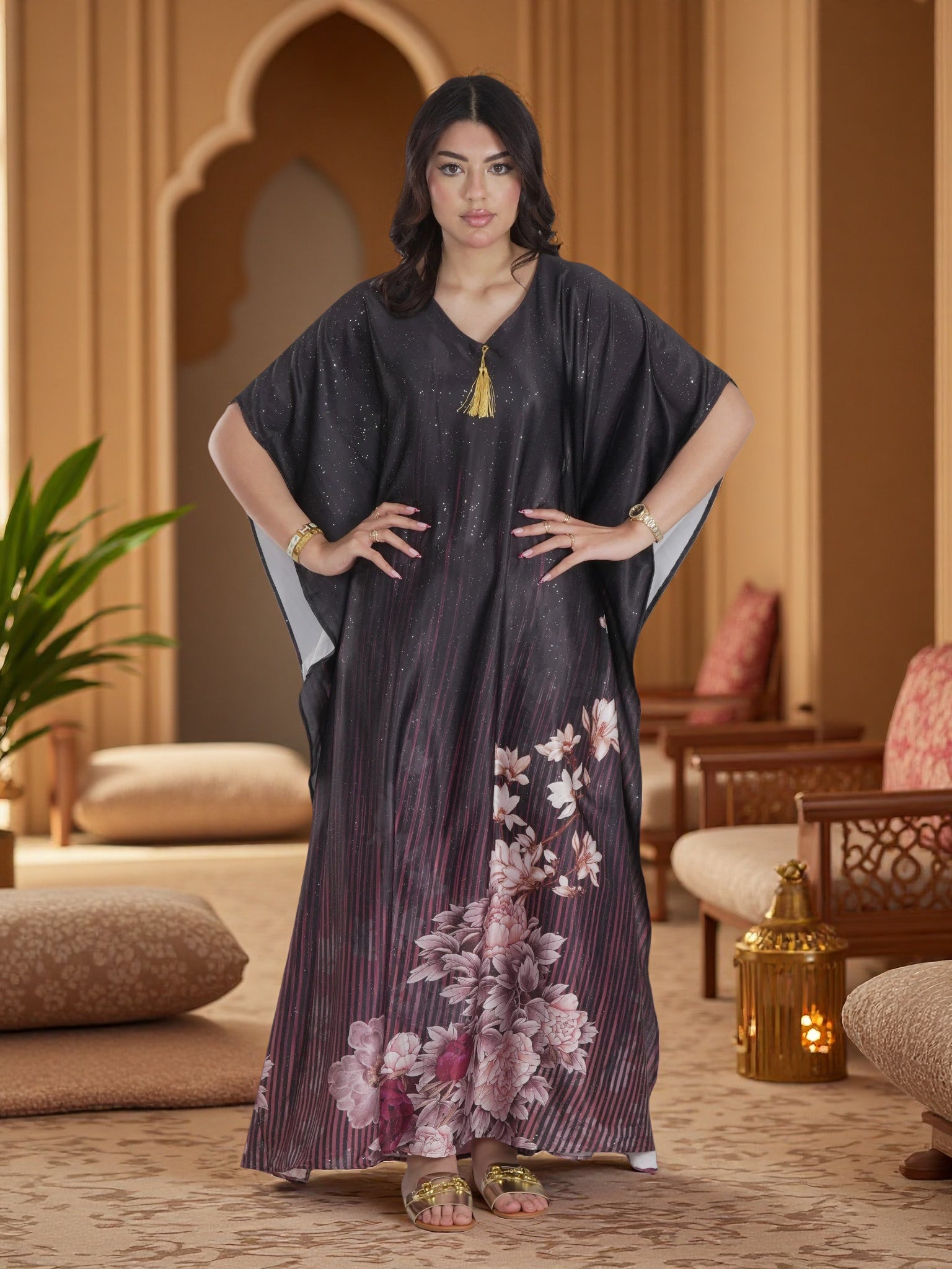 Luxury Dark Floral Kaftan Maxi Dress – Elegant Modest Ramadan & Majlis Wear
