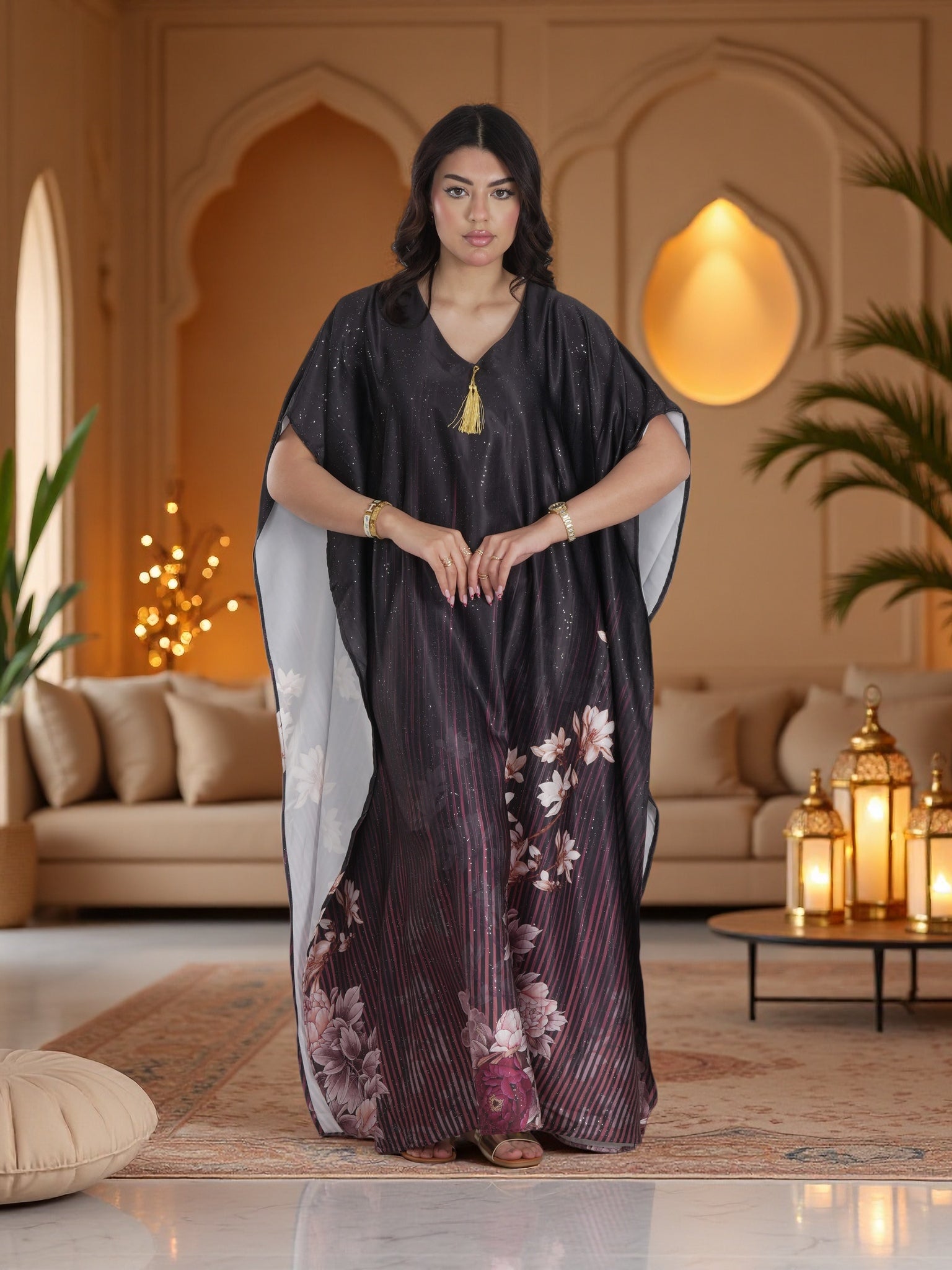 Luxury Dark Floral Kaftan Maxi Dress – Elegant Modest Ramadan & Majlis Wear