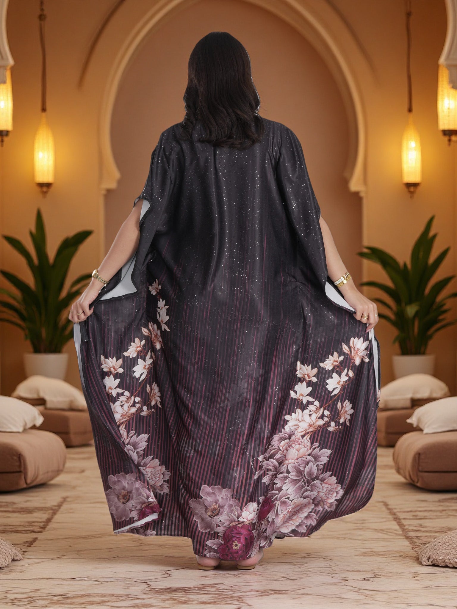 Luxury Dark Floral Kaftan Maxi Dress – Elegant Modest Ramadan & Majlis Wear