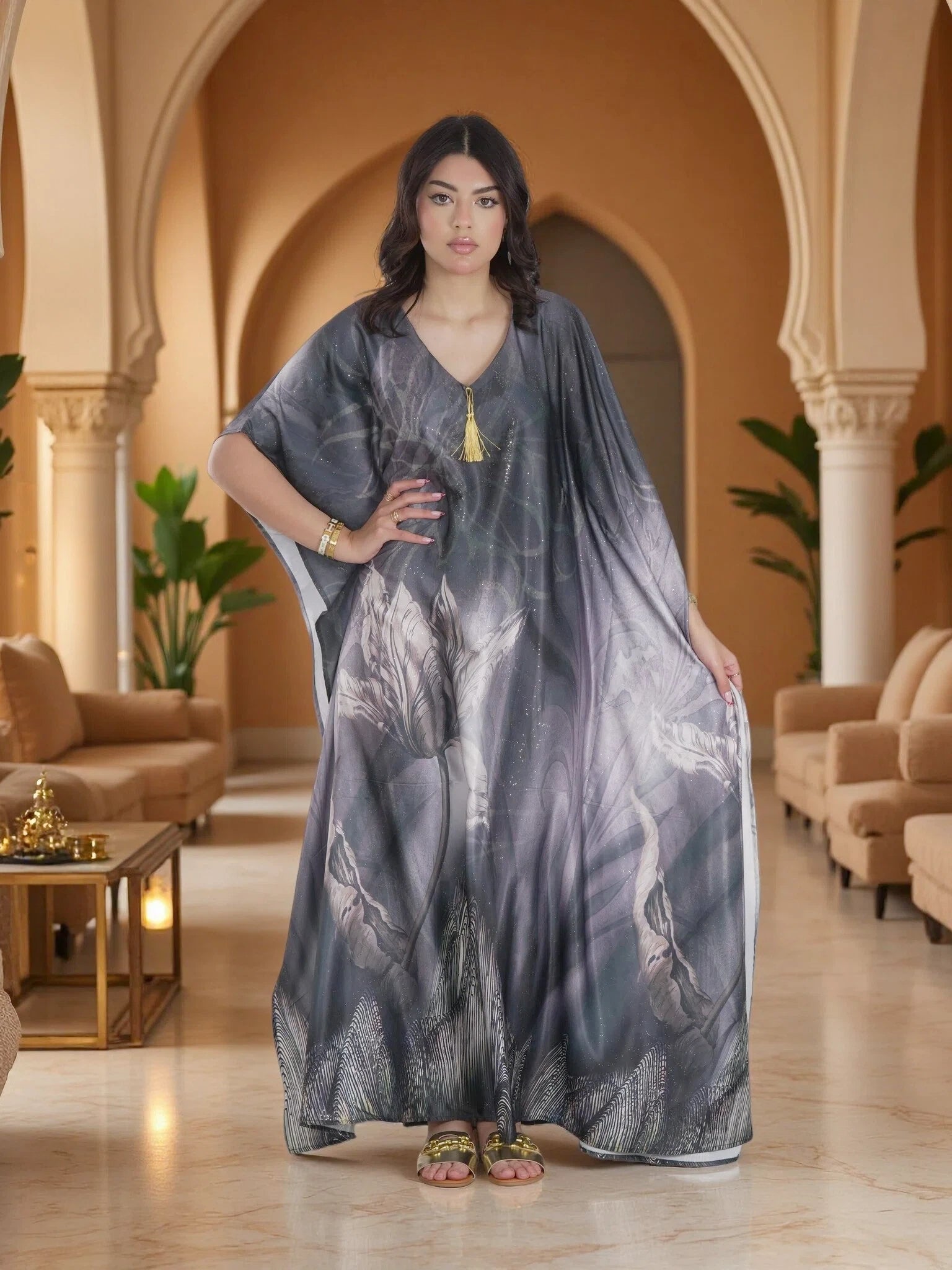 Luxury Grey Floral Kaftan Maxi Dress – Premium Modest Evening, Ramadan & Eid Wear