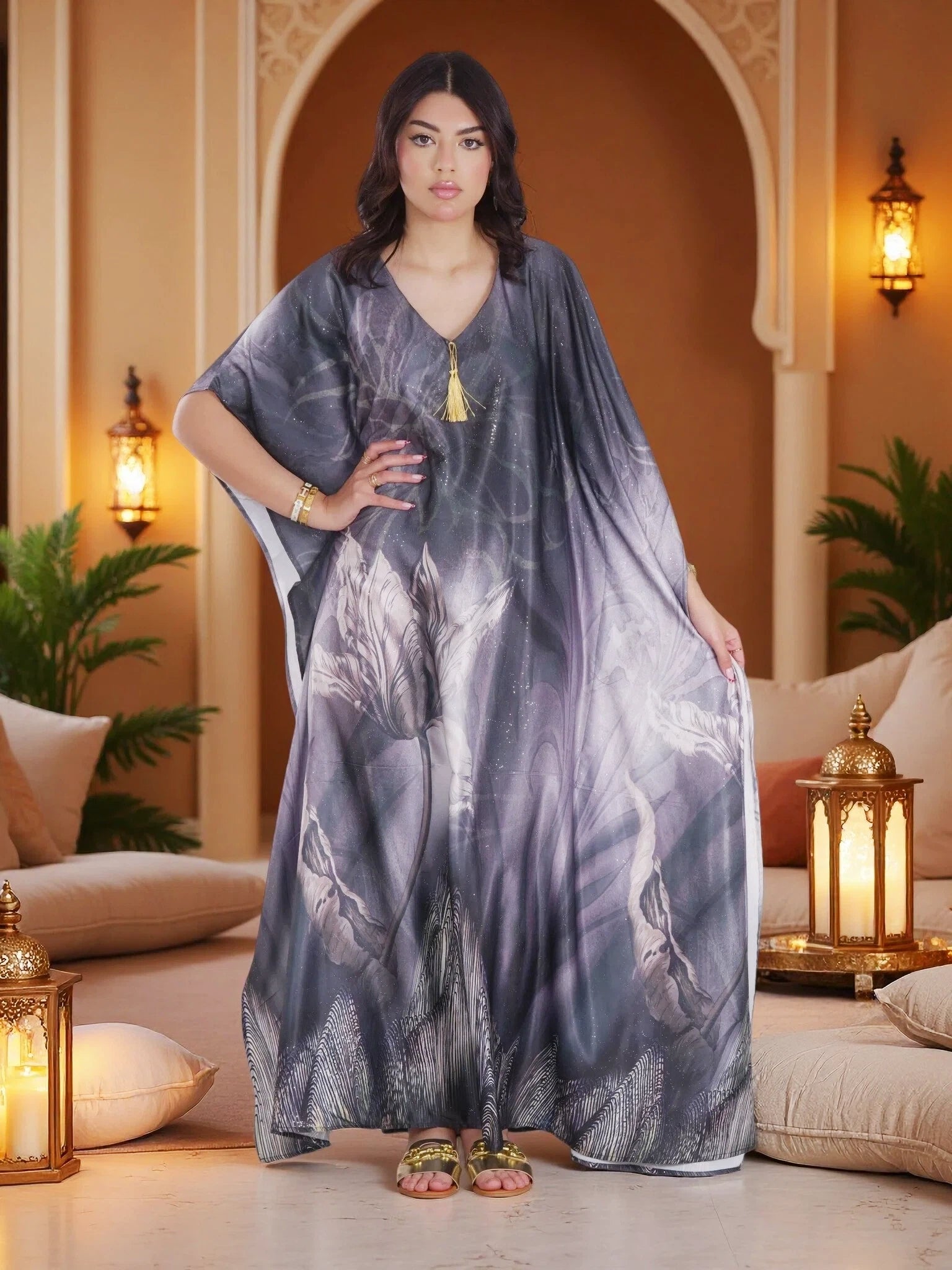 Luxury Grey Floral Kaftan Maxi Dress – Premium Modest Evening, Ramadan & Eid Wear