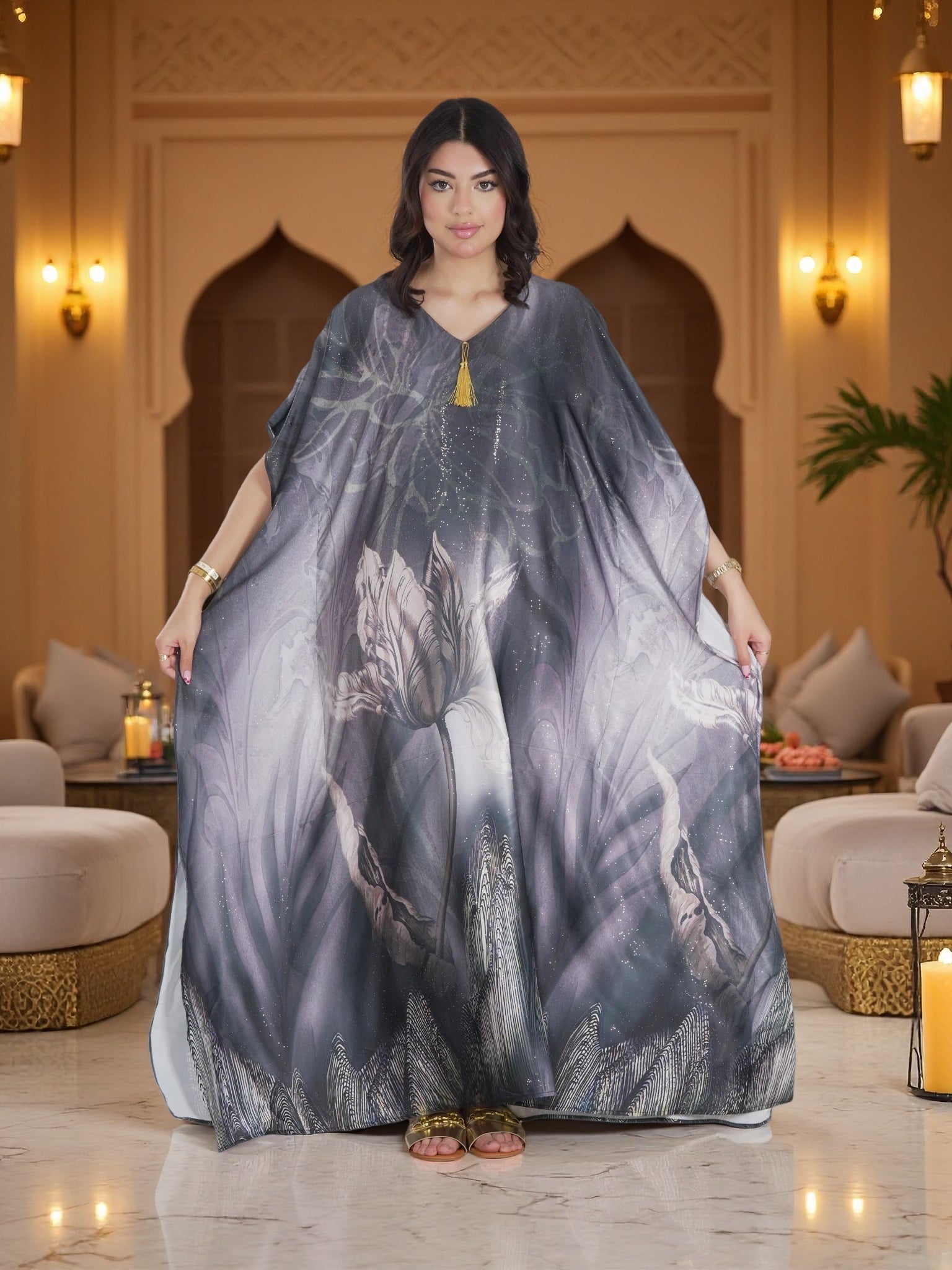 Luxury Grey Floral Kaftan Maxi Dress – Premium Modest Evening, Ramadan & Eid Wear