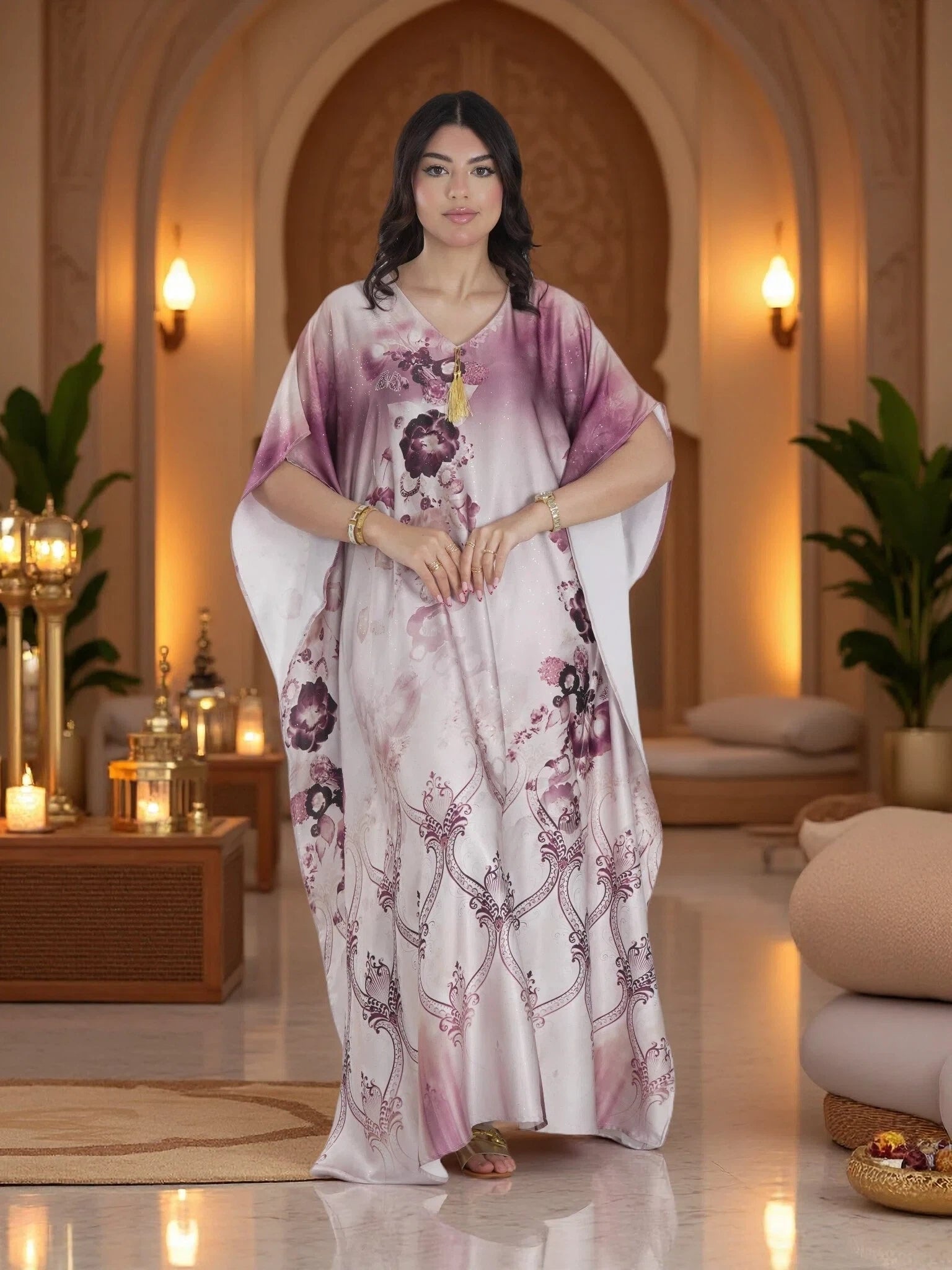 Elegant Blush Floral Kaftan Maxi Dress – Luxury Modest Ramadan & Eid Evening Wear