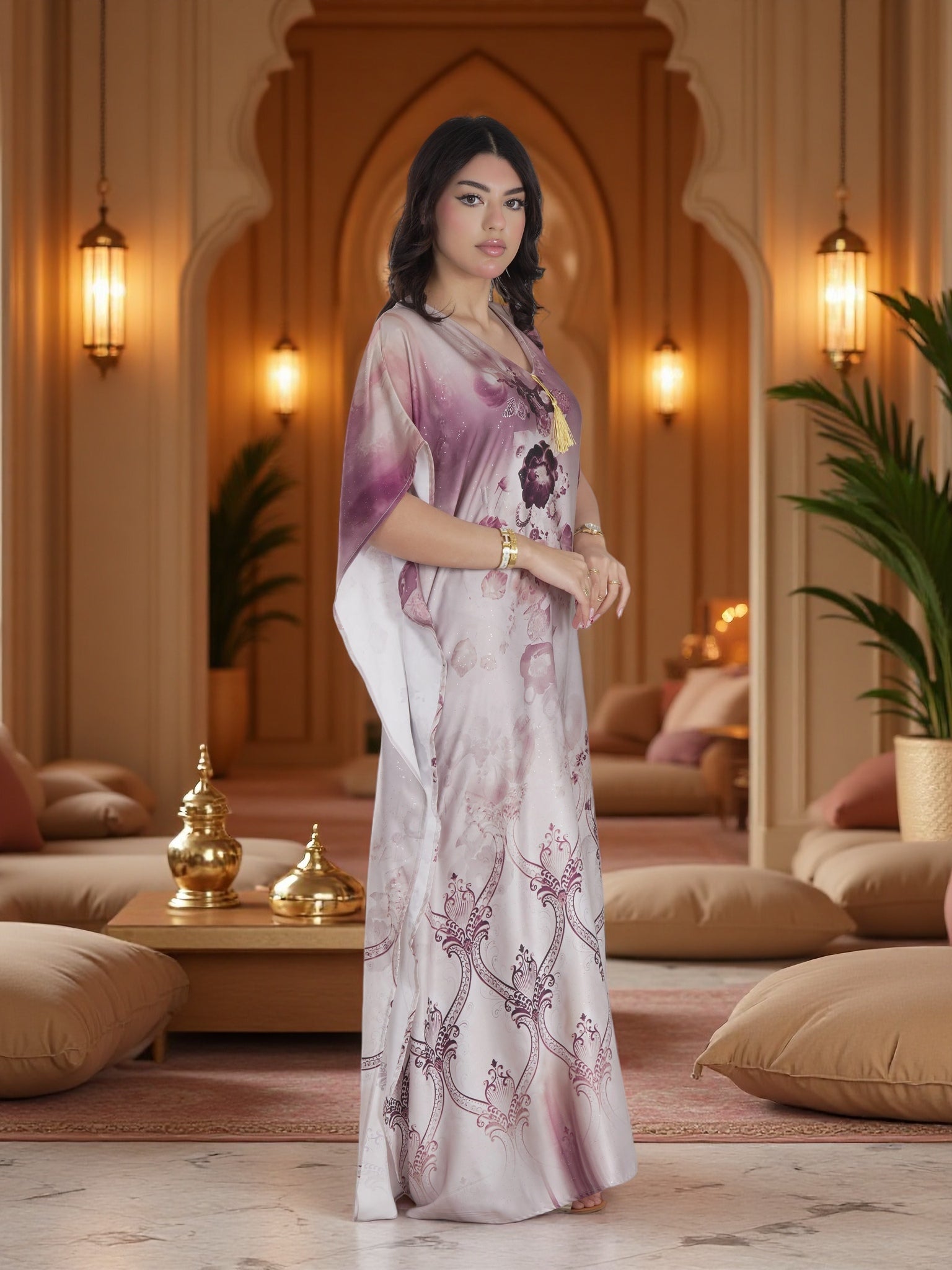 Elegant Blush Floral Kaftan Maxi Dress – Luxury Modest Ramadan & Eid Evening Wear
