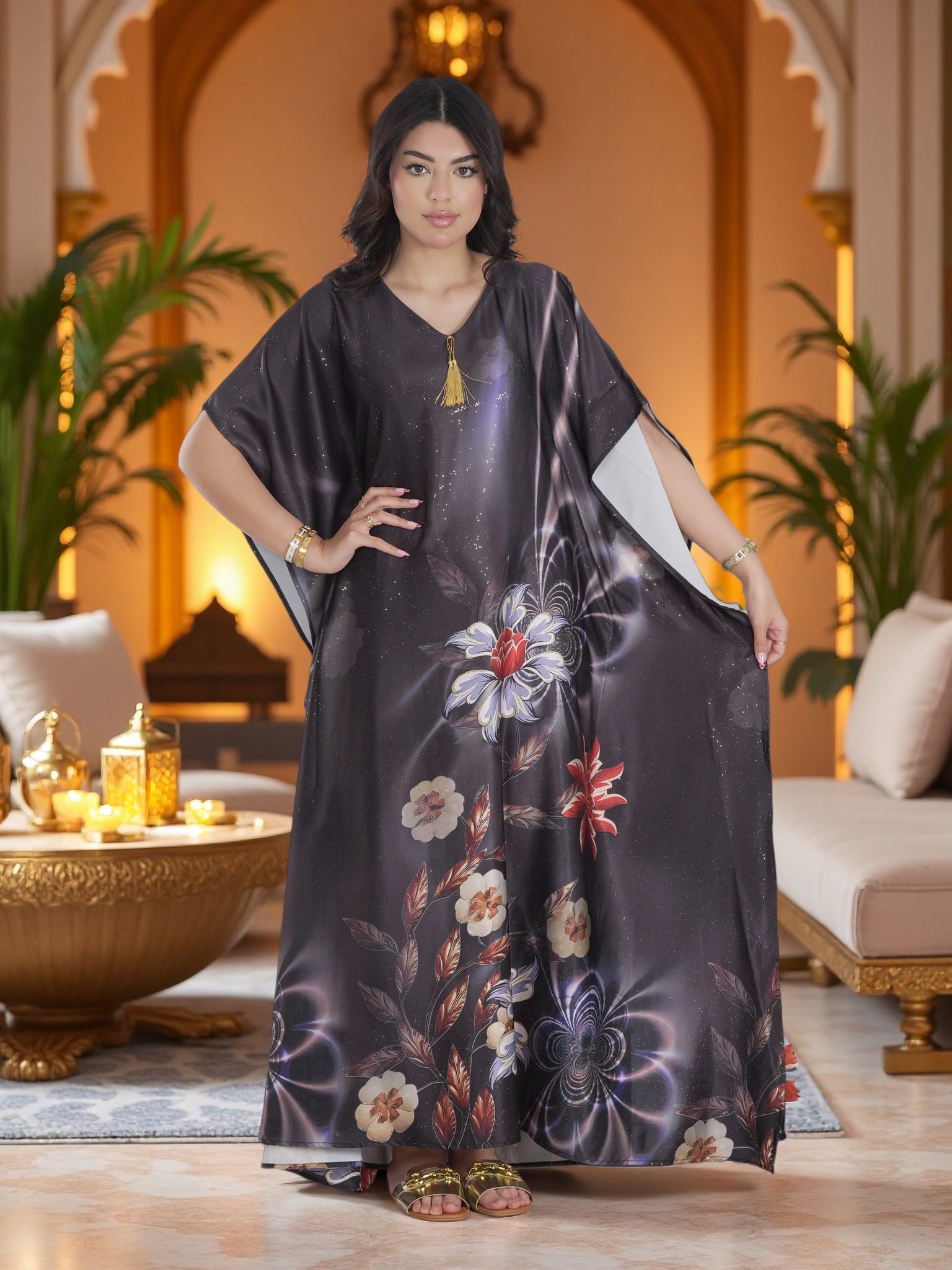 Premium Black Floral Kaftan Maxi Dress – Luxury Modest Evening & Ramadan Wear