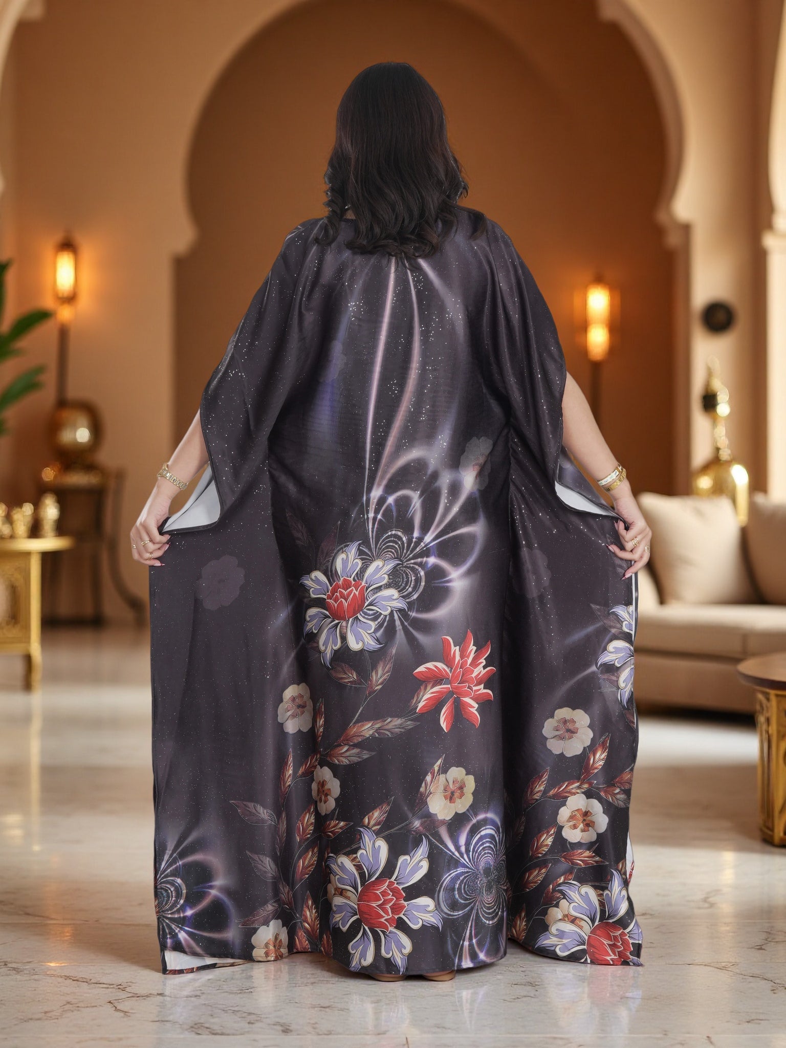 Premium Black Floral Kaftan Maxi Dress – Luxury Modest Evening & Ramadan Wear