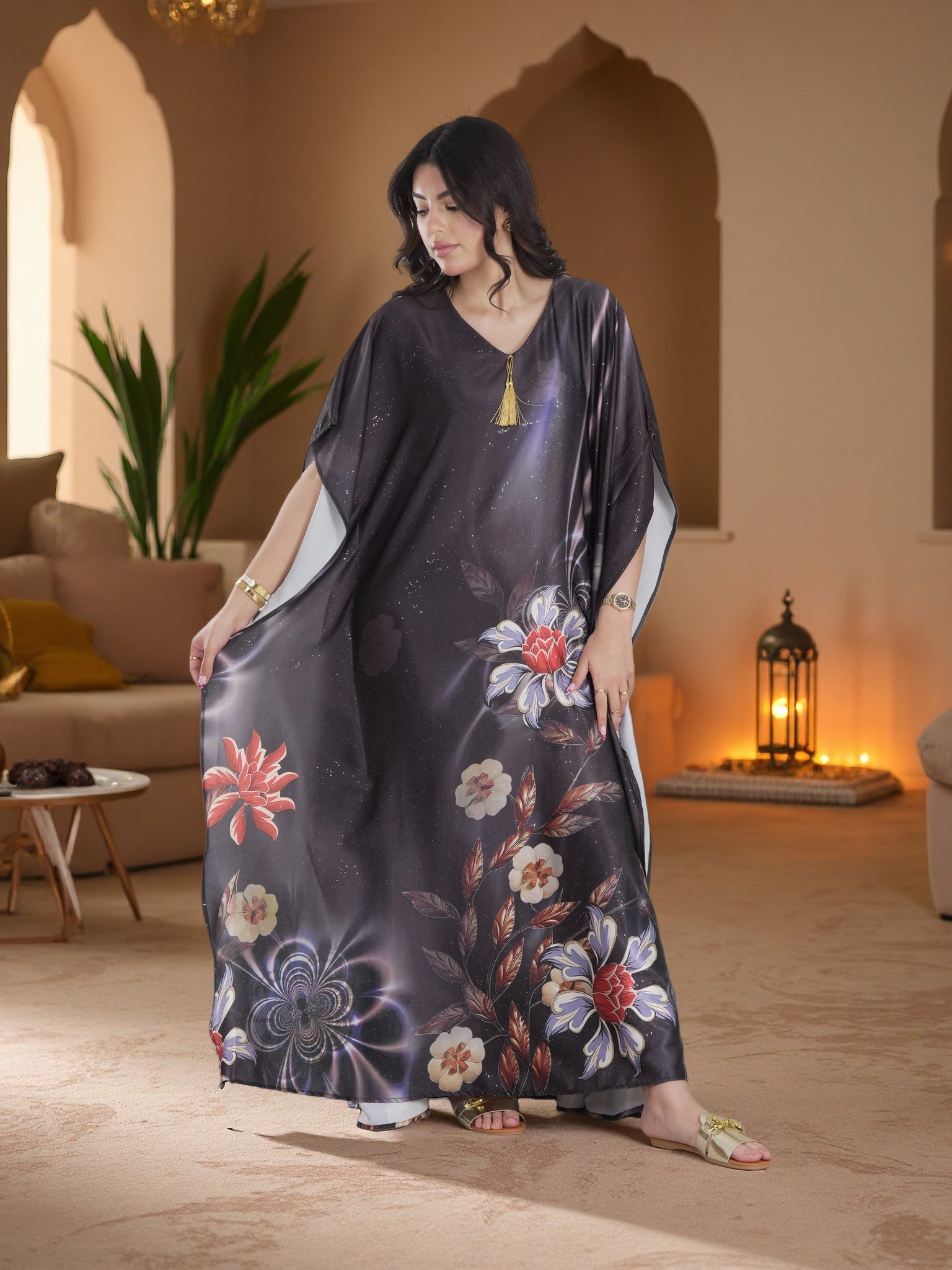 Premium Black Floral Kaftan Maxi Dress – Luxury Modest Evening & Ramadan Wear