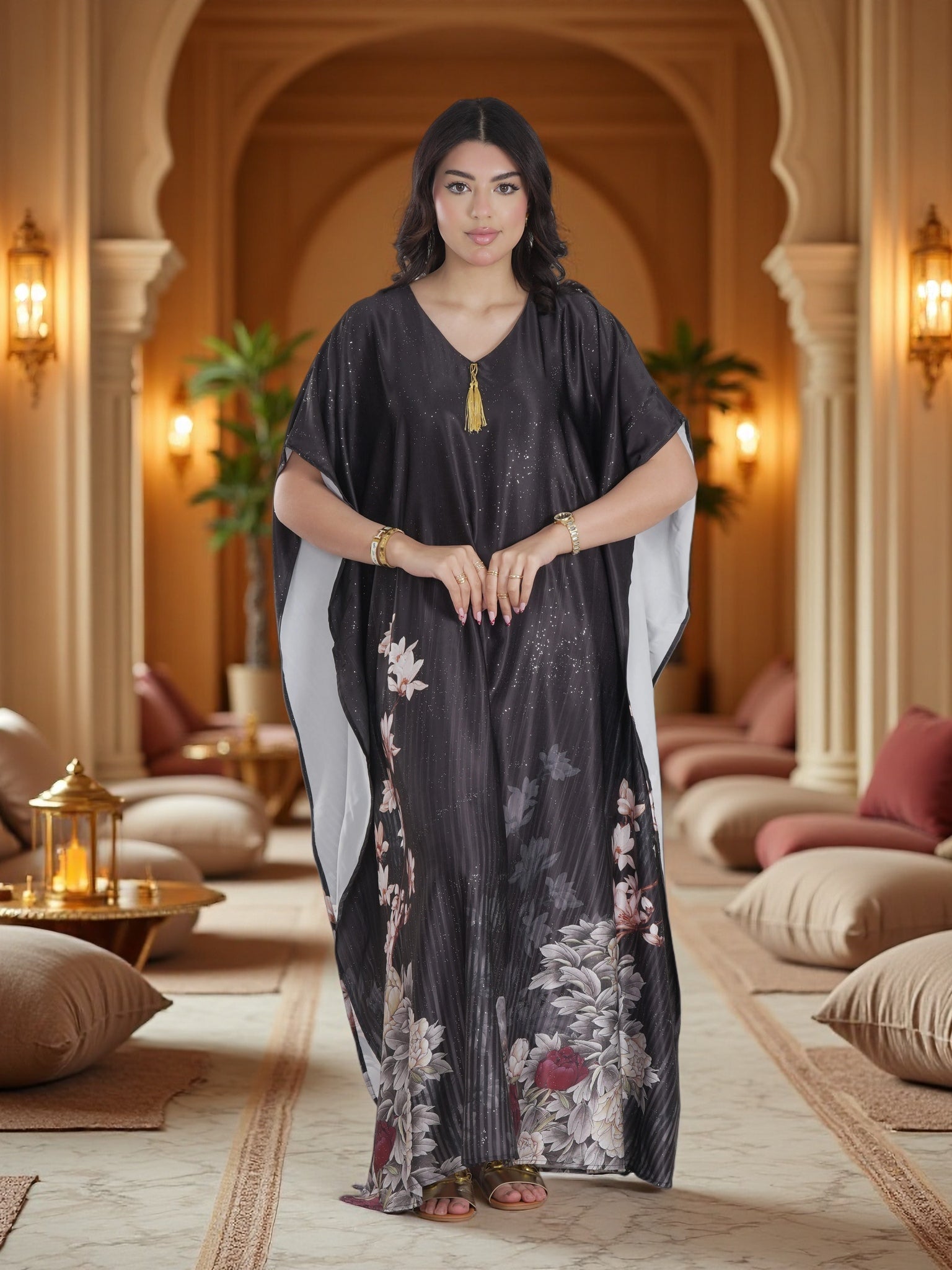 Luxury Black Floral Kaftan Maxi Dress – Modest V-Neck Evening & Majlis Wear