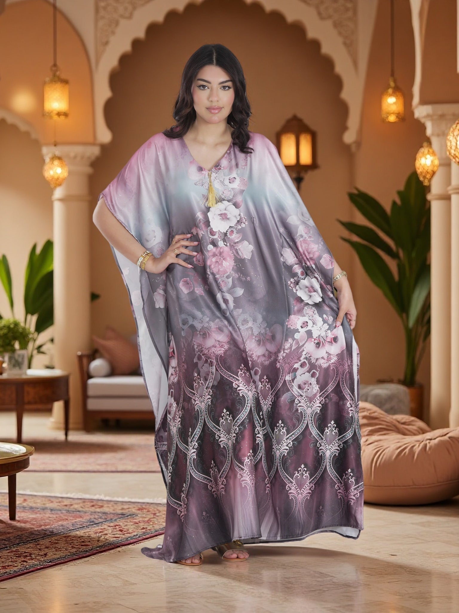 Luxury Floral Kaftan Maxi Dress – Elegant Modest V-Neck Evening Wear