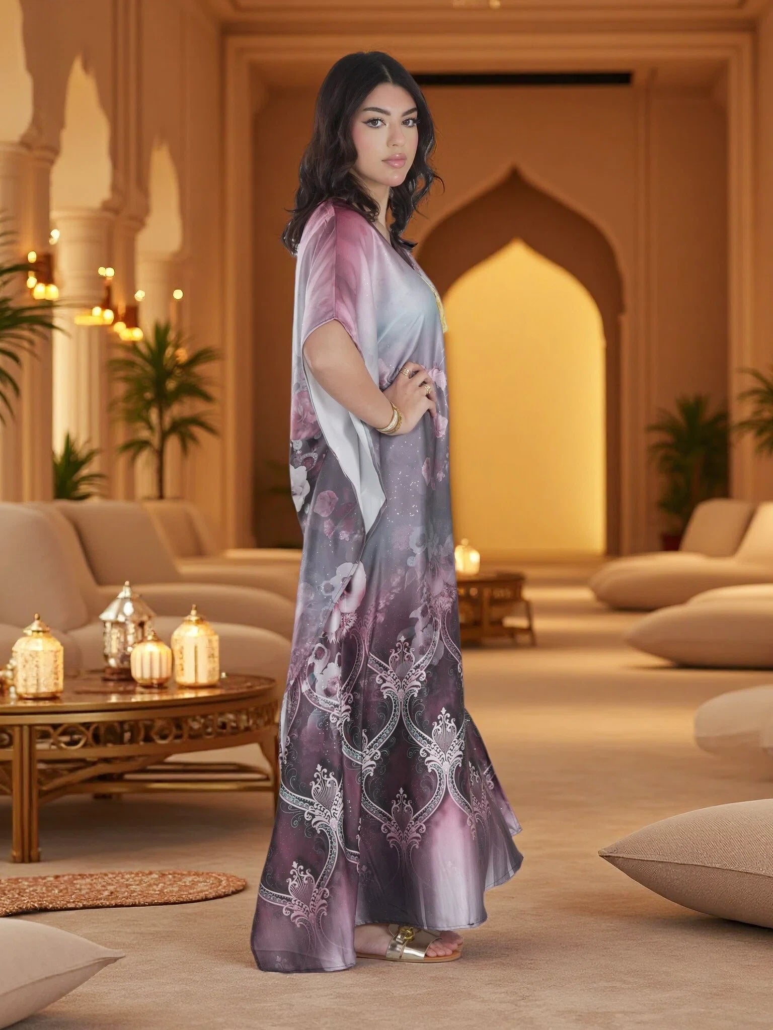Luxury Floral Kaftan Maxi Dress – Elegant Modest V-Neck Evening Wear