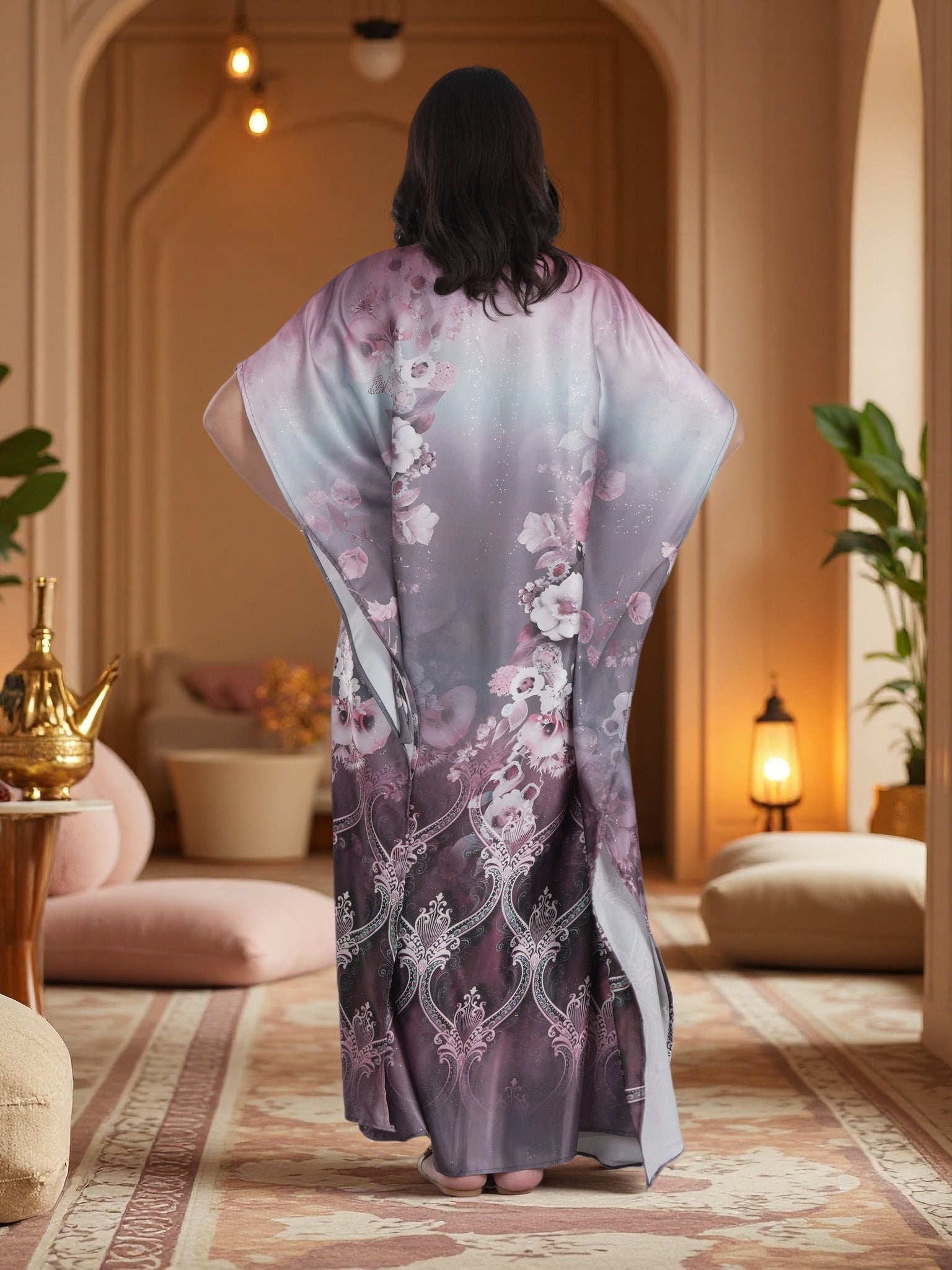 Luxury Floral Kaftan Maxi Dress – Elegant Modest V-Neck Evening Wear