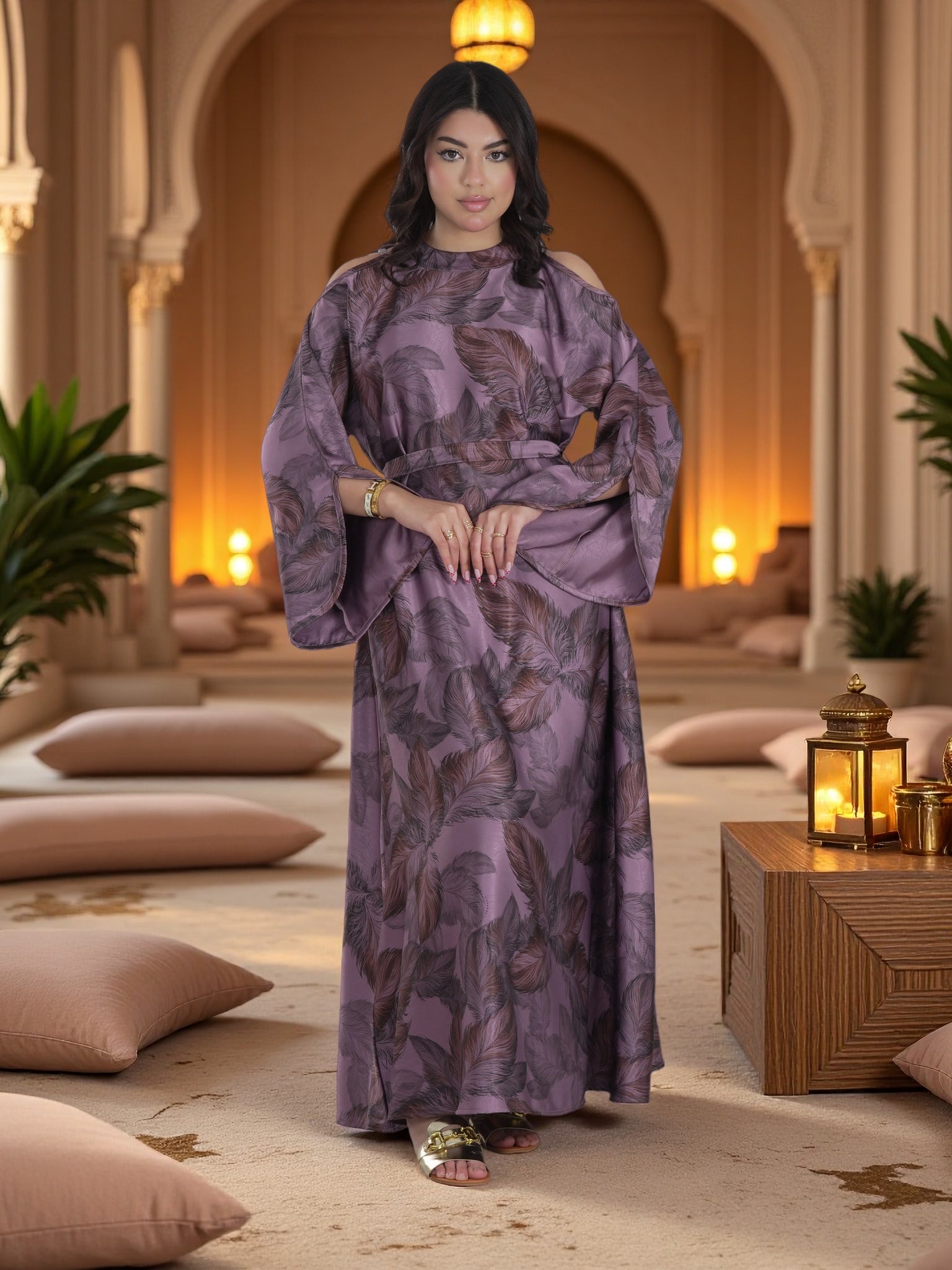 Finelook Luxury Floral Maxi Dress – Modest Long Sleeve Belted Evening Dress in Lavender Purple