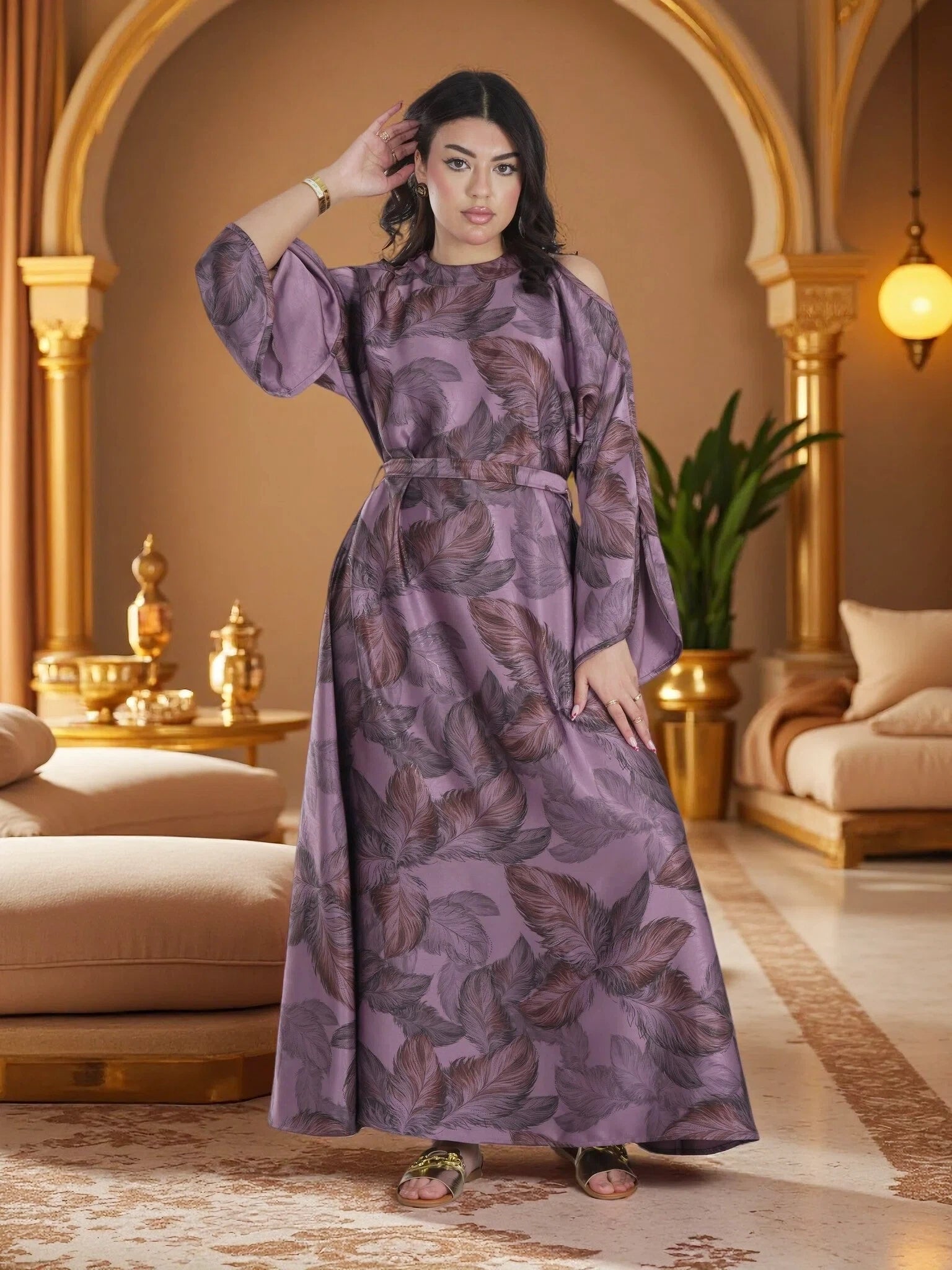 Finelook Luxury Floral Maxi Dress – Modest Long Sleeve Belted Evening Dress in Lavender Purple