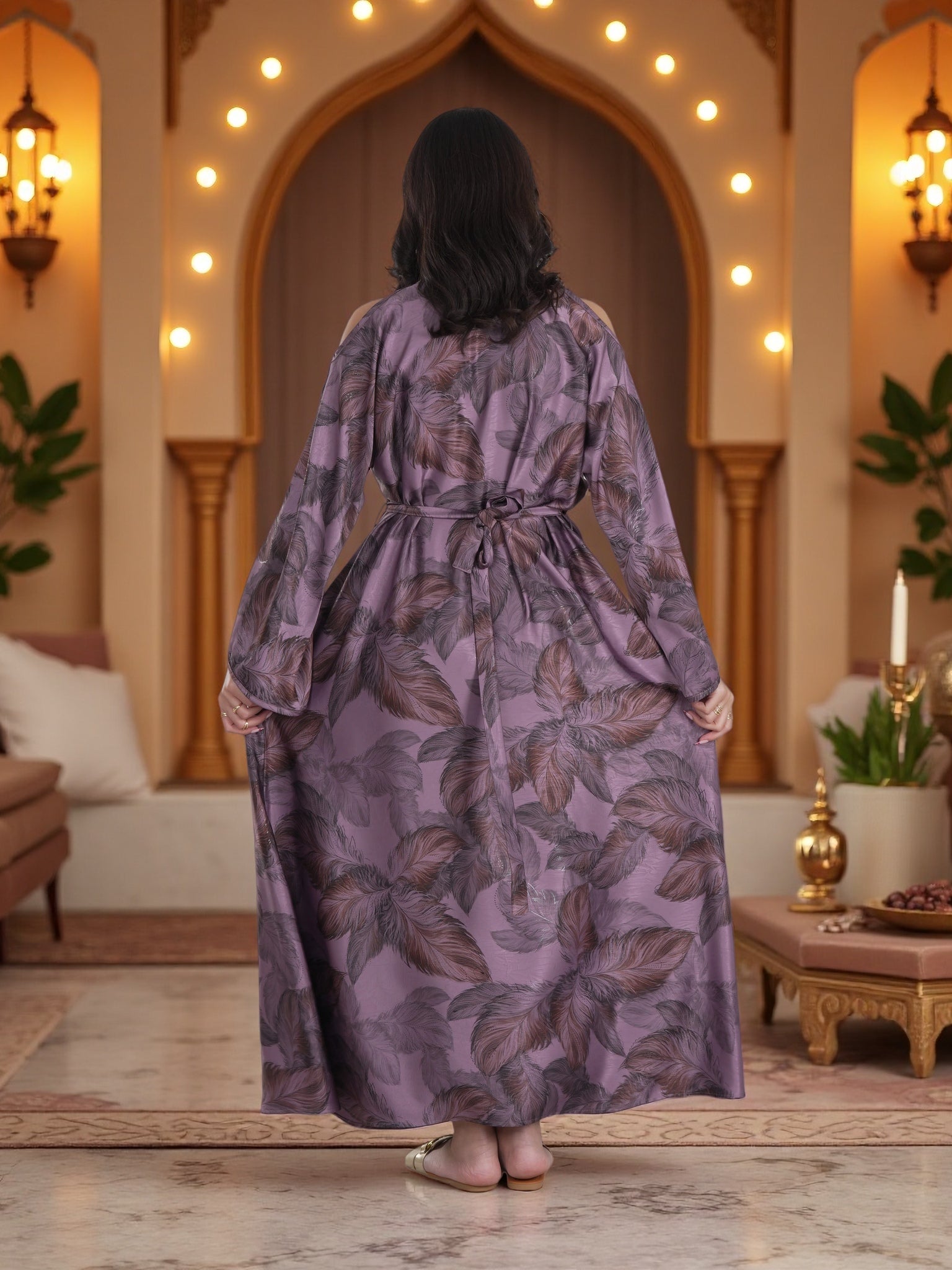 Finelook Luxury Floral Maxi Dress – Modest Long Sleeve Belted Evening Dress in Lavender Purple